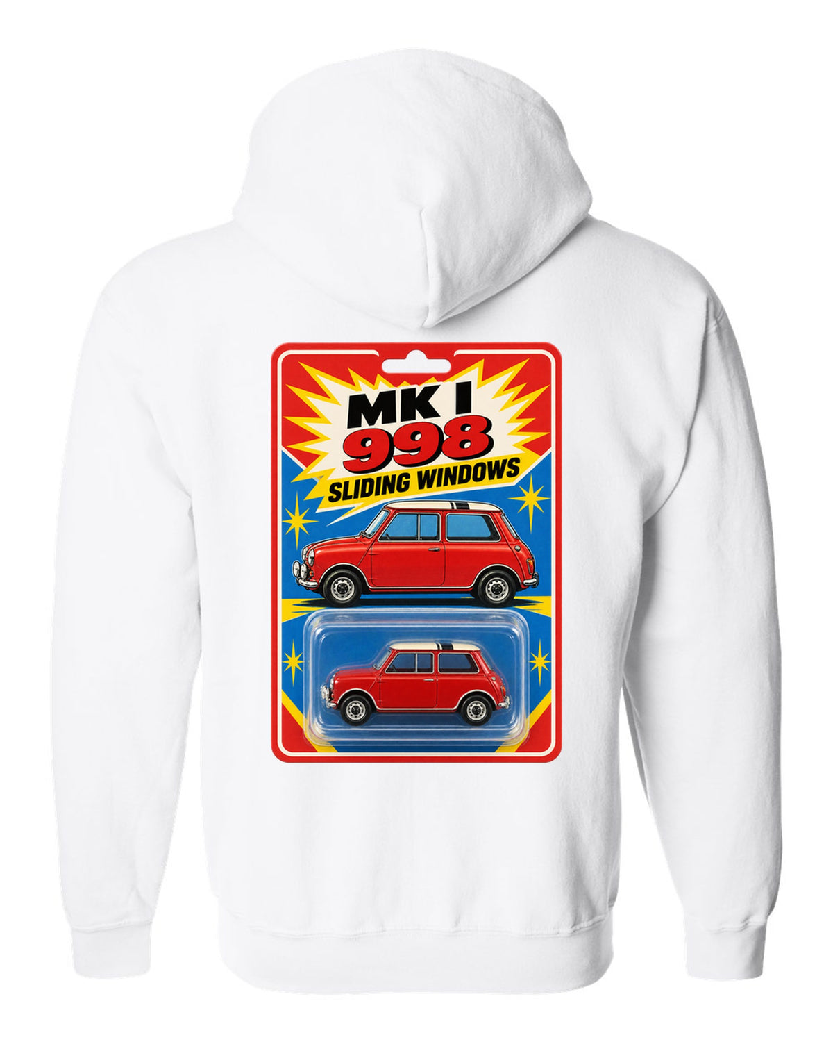 1967 Mini Cooper Mk I on a toy blister card with 998 and sliding windows text white zip hoodie back view with the design