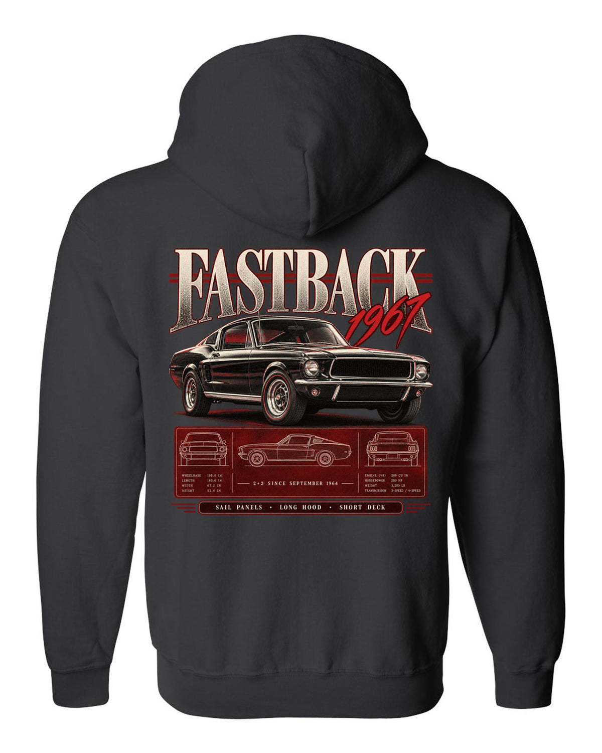 Archive panel illustration of a 1967 Ford Mustang fastback 2+2 with sail panel callouts black zip hoodie back view with the design