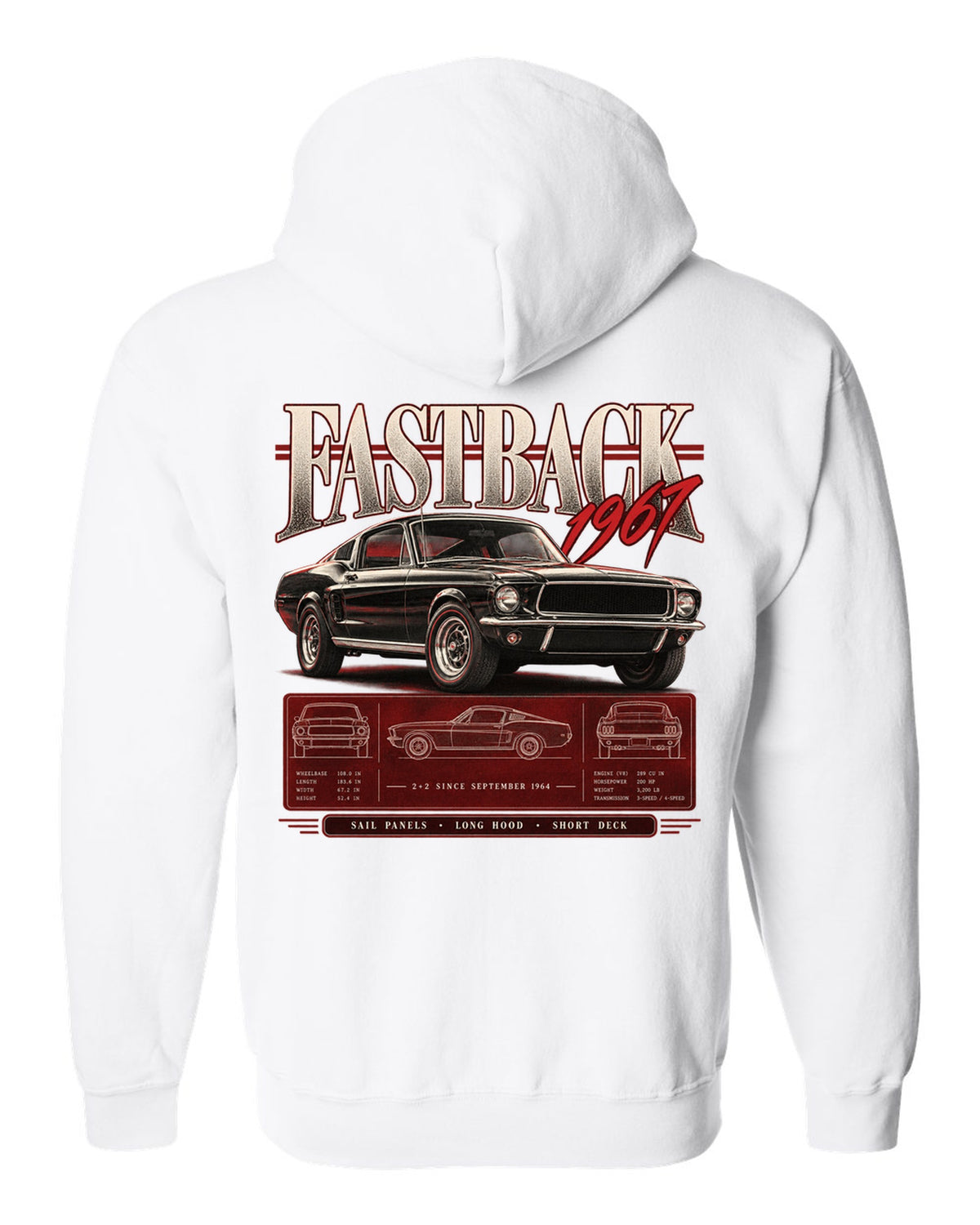 Archive panel illustration of a 1967 Ford Mustang fastback 2+2 with sail panel callouts white zip hoodie back view with the design