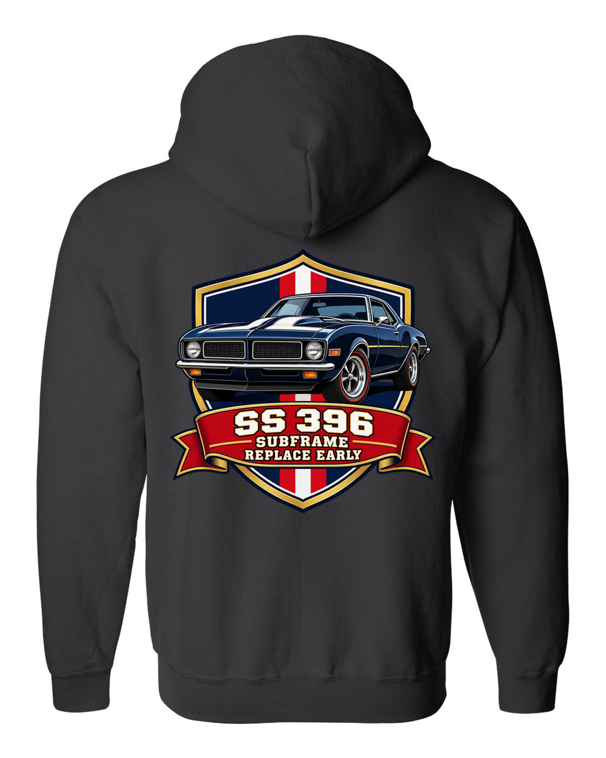 1968 Camaro SS 396 in a varsity shield design with text SS 396 Subframe Replace Early black zip hoodie back view with the design