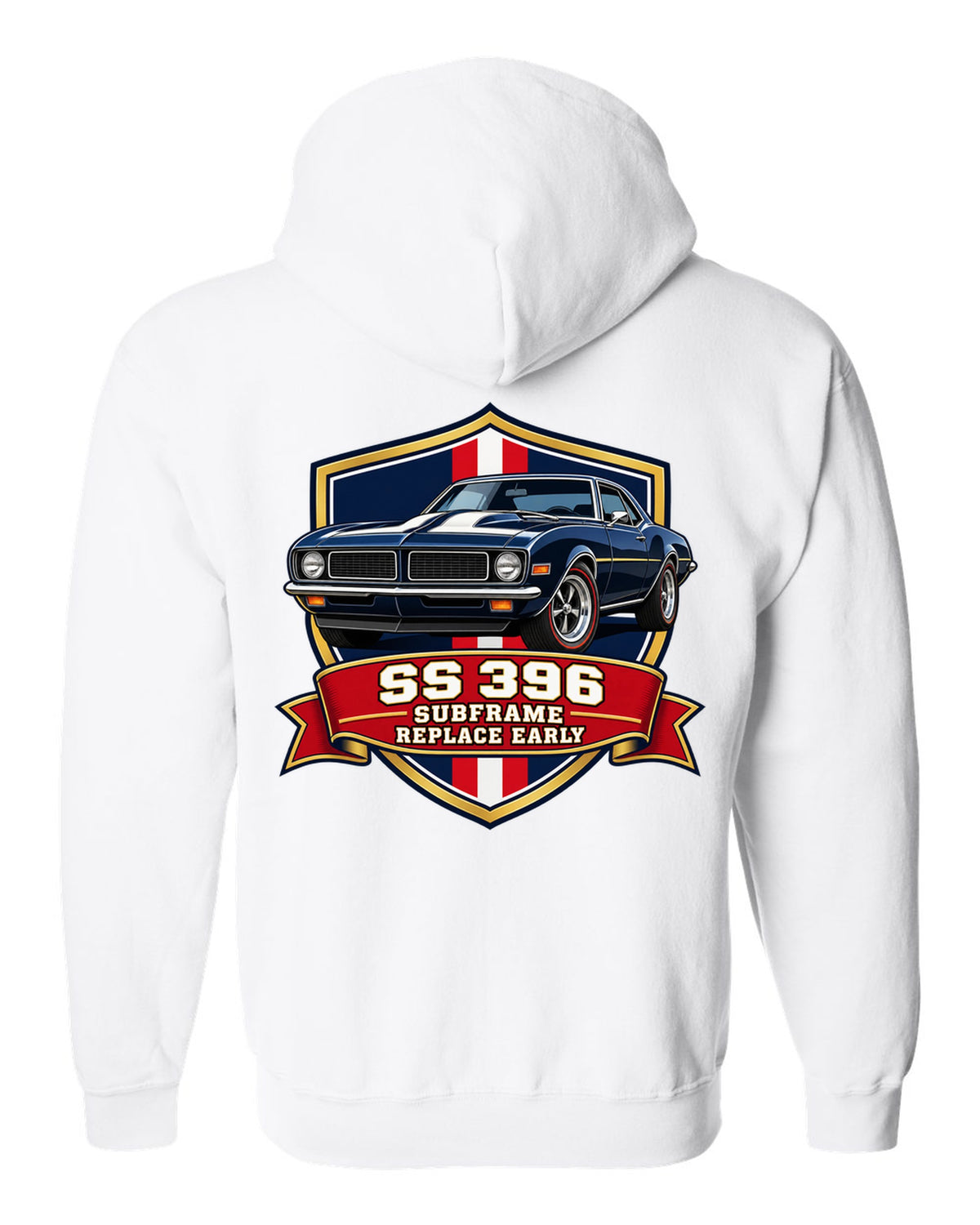 1968 Camaro SS 396 in a varsity shield design with text SS 396 Subframe Replace Early white zip hoodie back view with the design