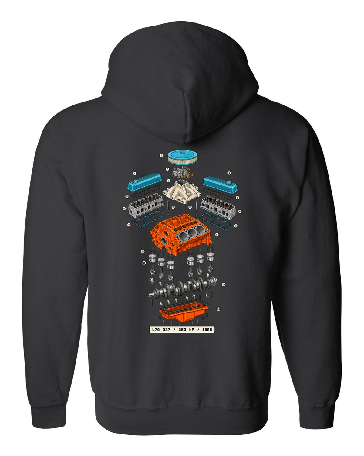 Exploded cutaway print of a 1968 Chevrolet Nova L79 327 engine with the text 350 HP, 1968 black zip hoodie back view with the design