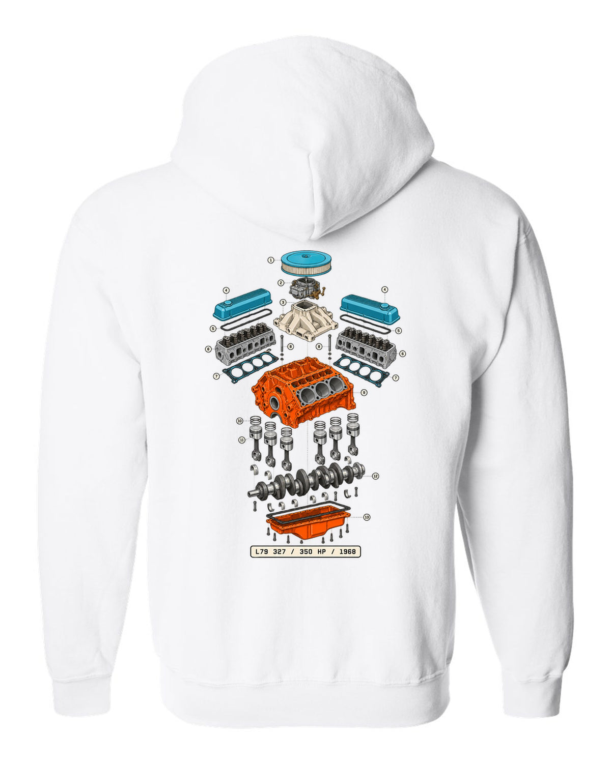 Exploded cutaway print of a 1968 Chevrolet Nova L79 327 engine with the text 350 HP, 1968 white zip hoodie back view with the design