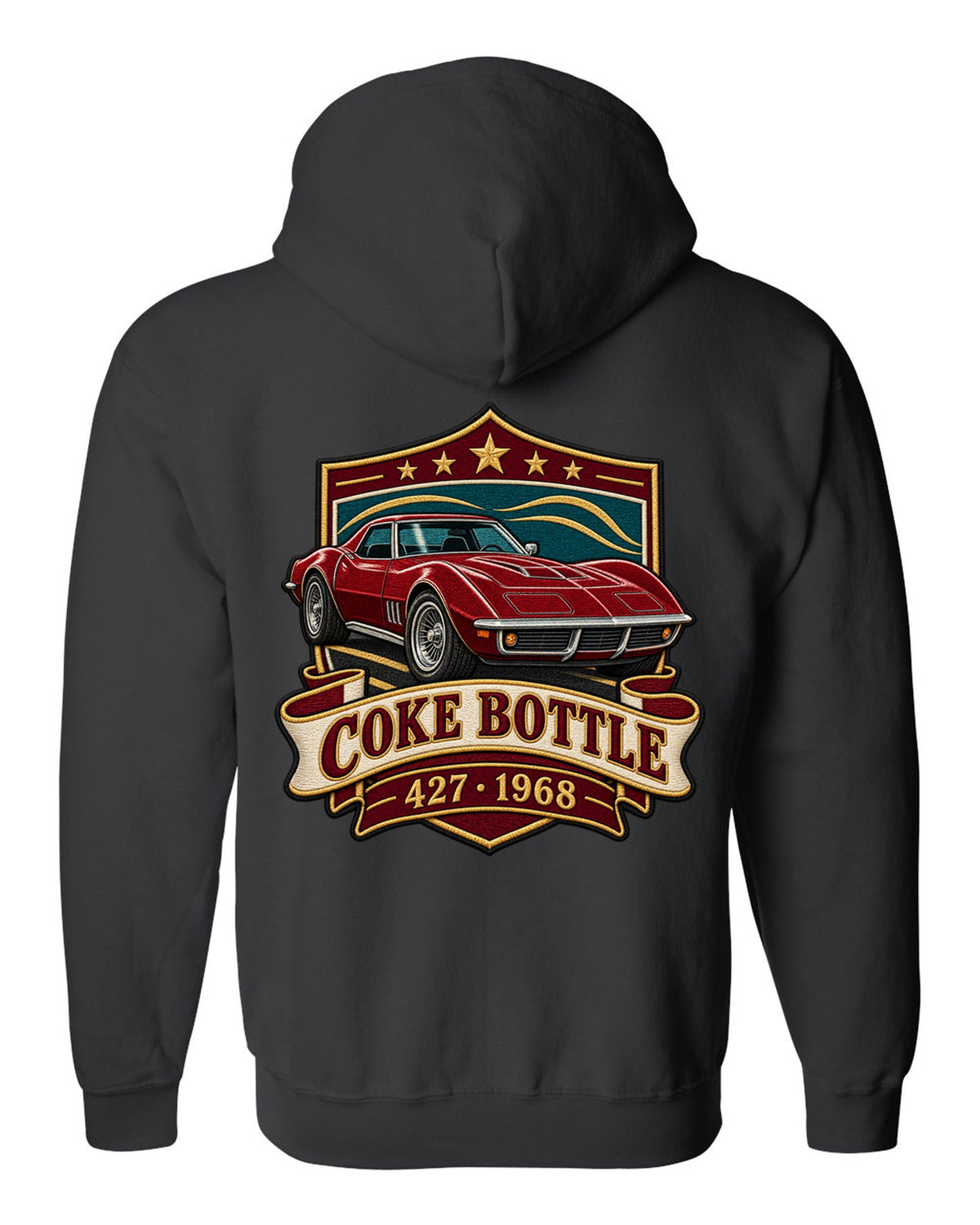 Embroidery style shield crest print of a 1968 Chevrolet Corvette C3 Stingray with Coke Bottle 427 text black zip hoodie back view with the design