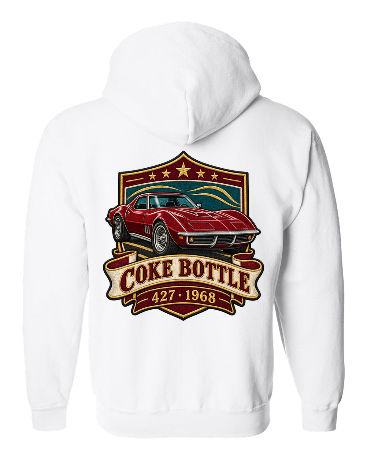 Embroidery style shield crest print of a 1968 Chevrolet Corvette C3 Stingray with Coke Bottle 427 text white zip hoodie back view with the design