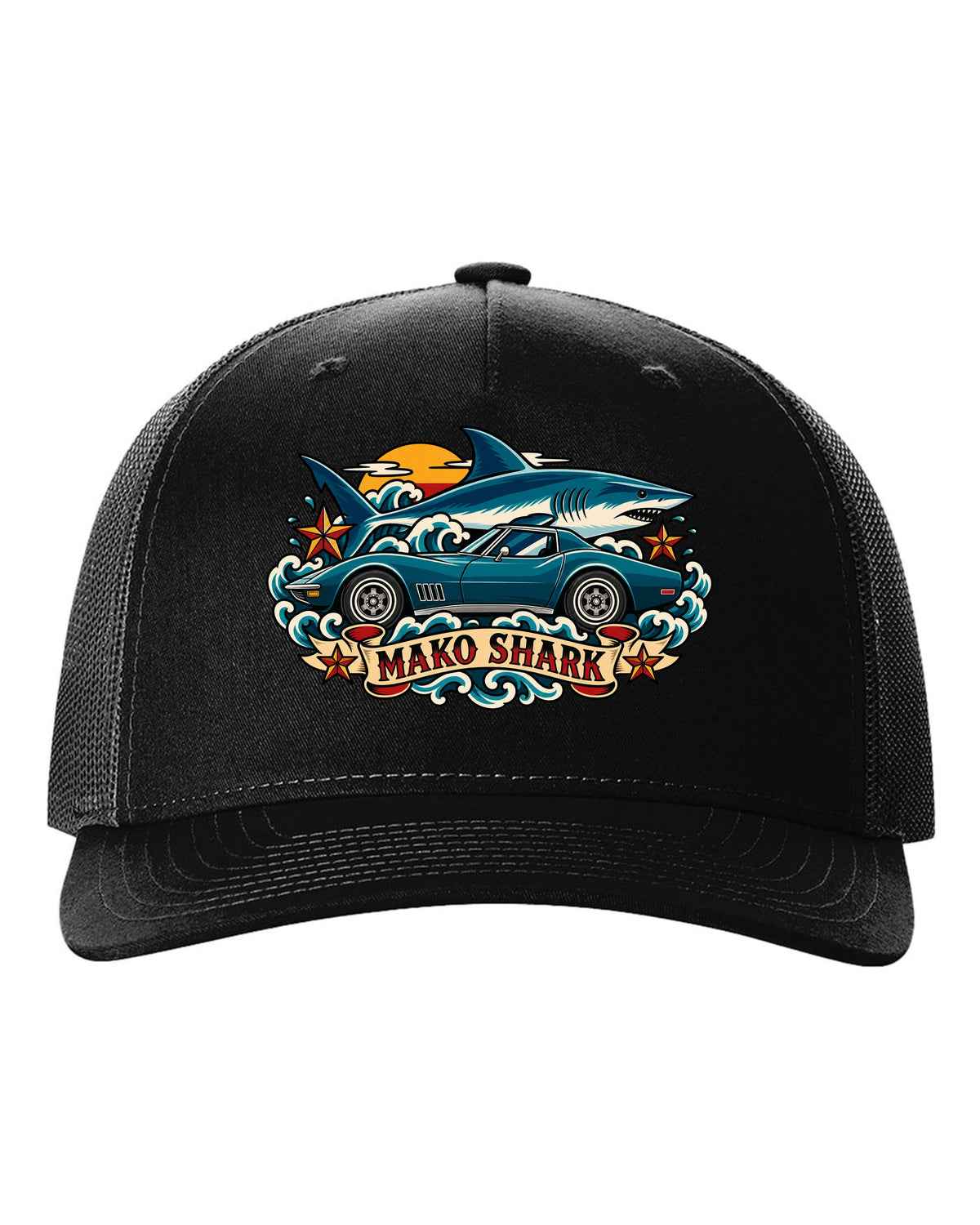 Retro tattoo flash print of a 1968 Chevrolet Corvette C3 Stingray with Mako Shark lettering black hat front view with the design
