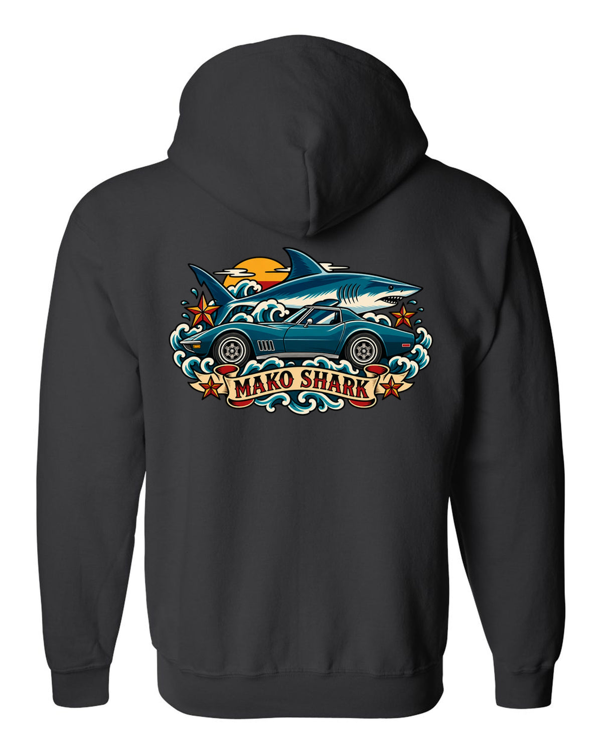 Retro tattoo flash print of a 1968 Chevrolet Corvette C3 Stingray with Mako Shark lettering black zip hoodie back view with the design