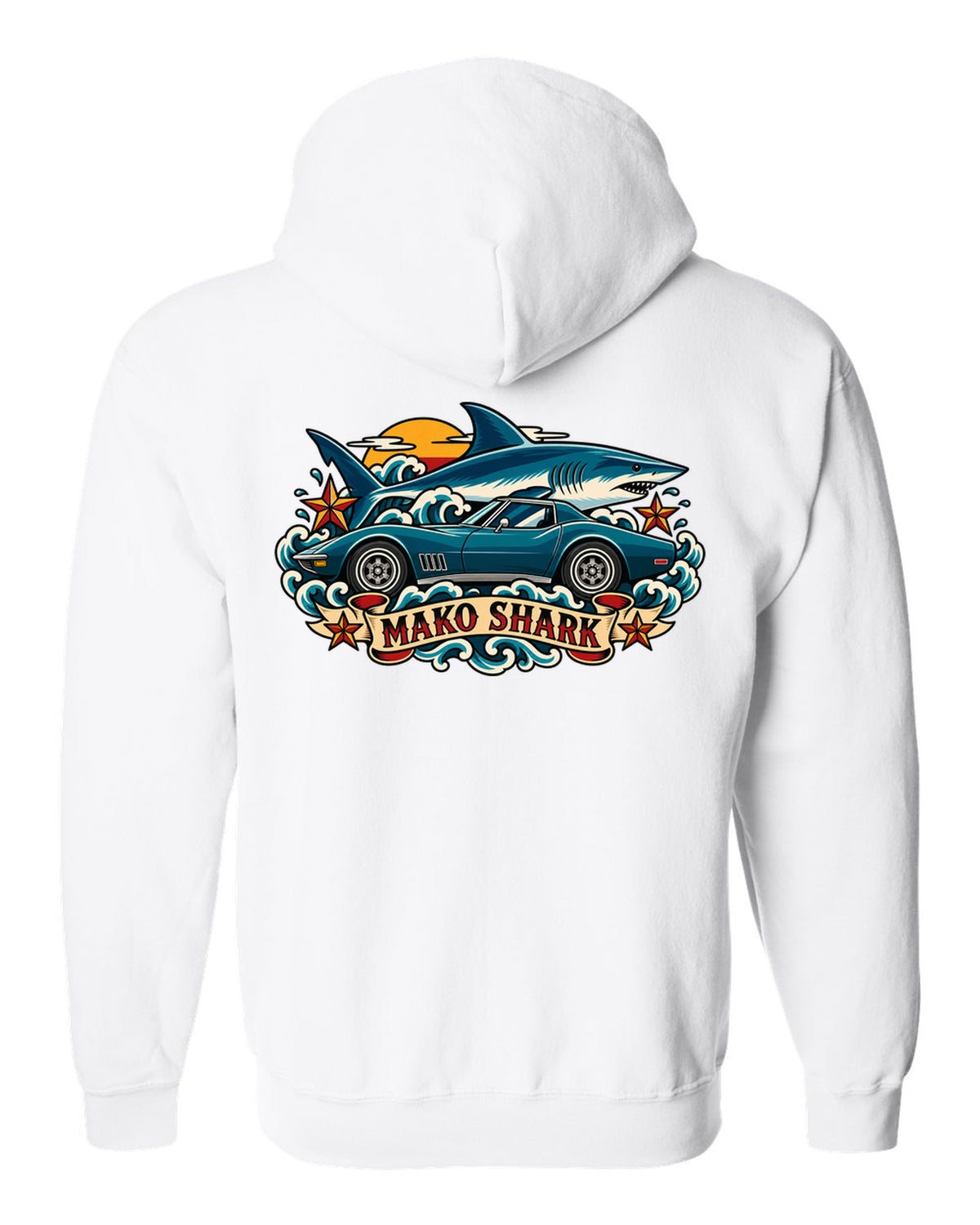 Retro tattoo flash print of a 1968 Chevrolet Corvette C3 Stingray with Mako Shark lettering white zip hoodie back view with the design