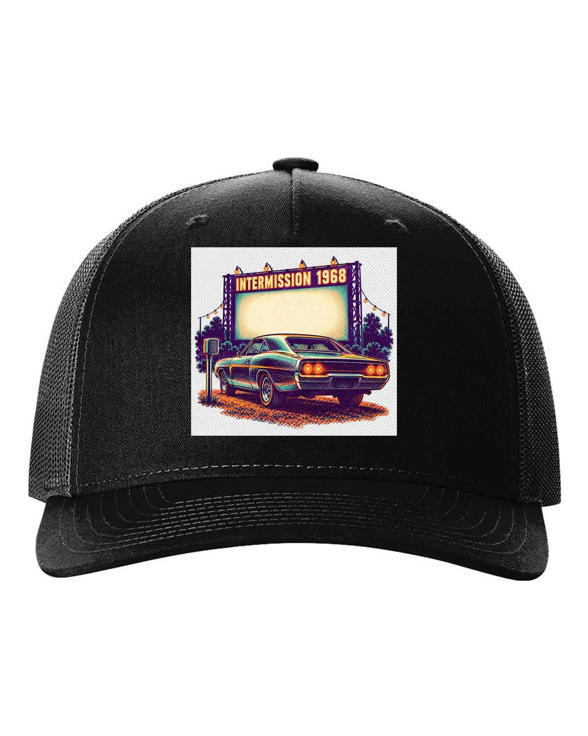 Risograph spot colour drive-in scene with a 1968 Dodge Charger R/T and INTERMISSION text black hat front view with the design
