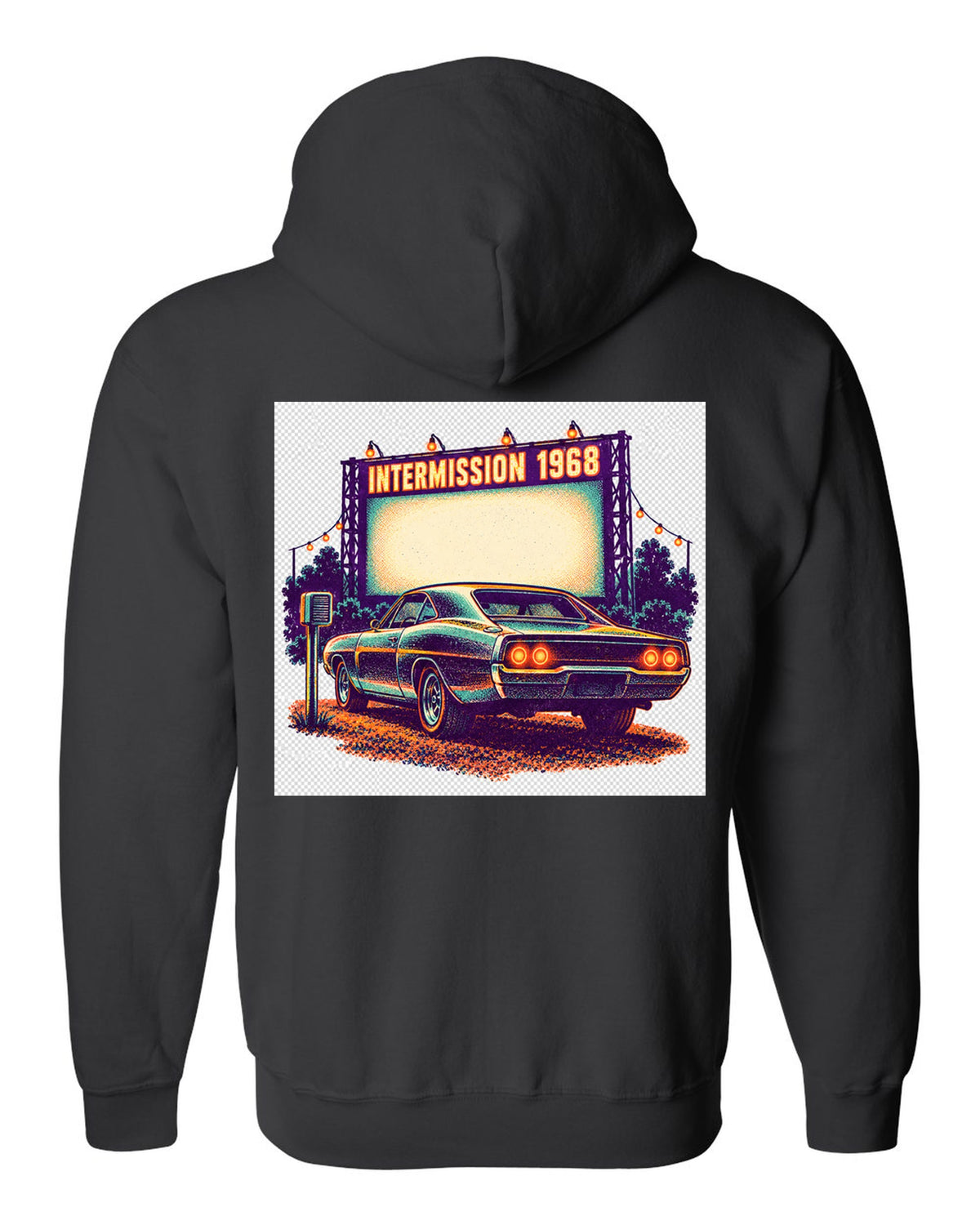 Risograph spot colour drive-in scene with a 1968 Dodge Charger R/T and INTERMISSION text black zip hoodie back view with the design