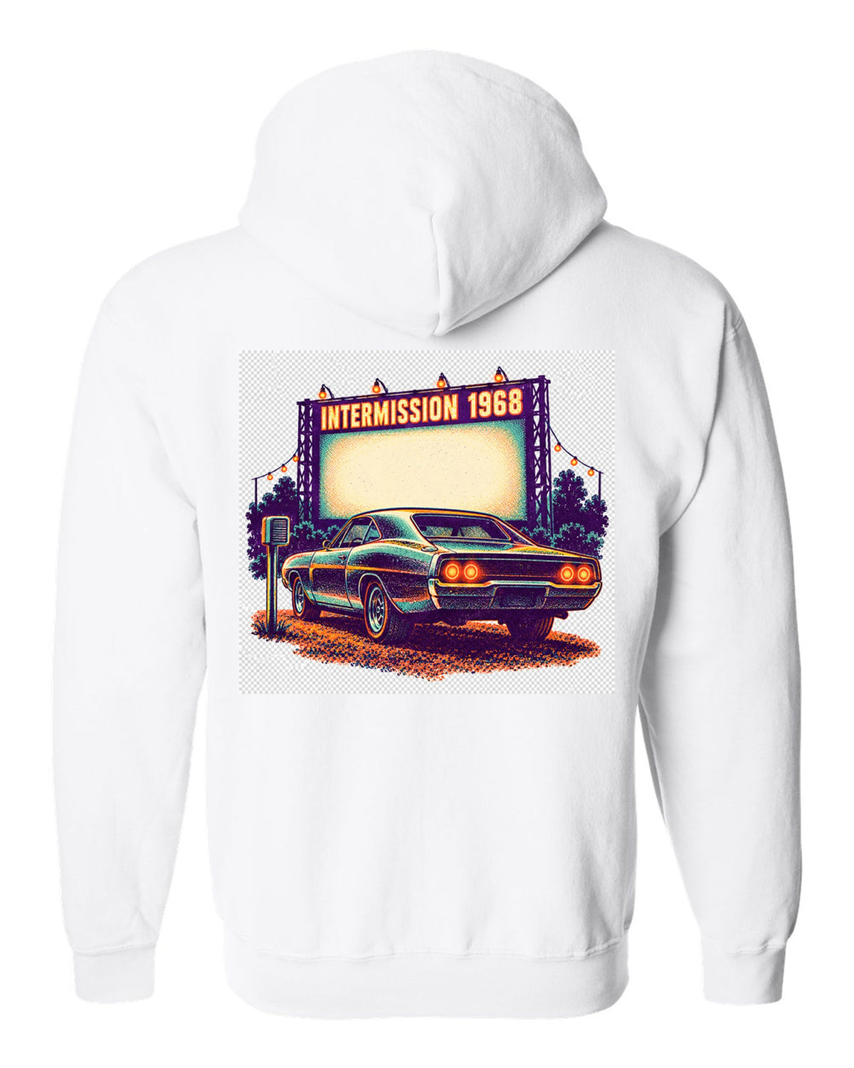 Risograph spot colour drive-in scene with a 1968 Dodge Charger R/T and INTERMISSION text white zip hoodie back view with the design