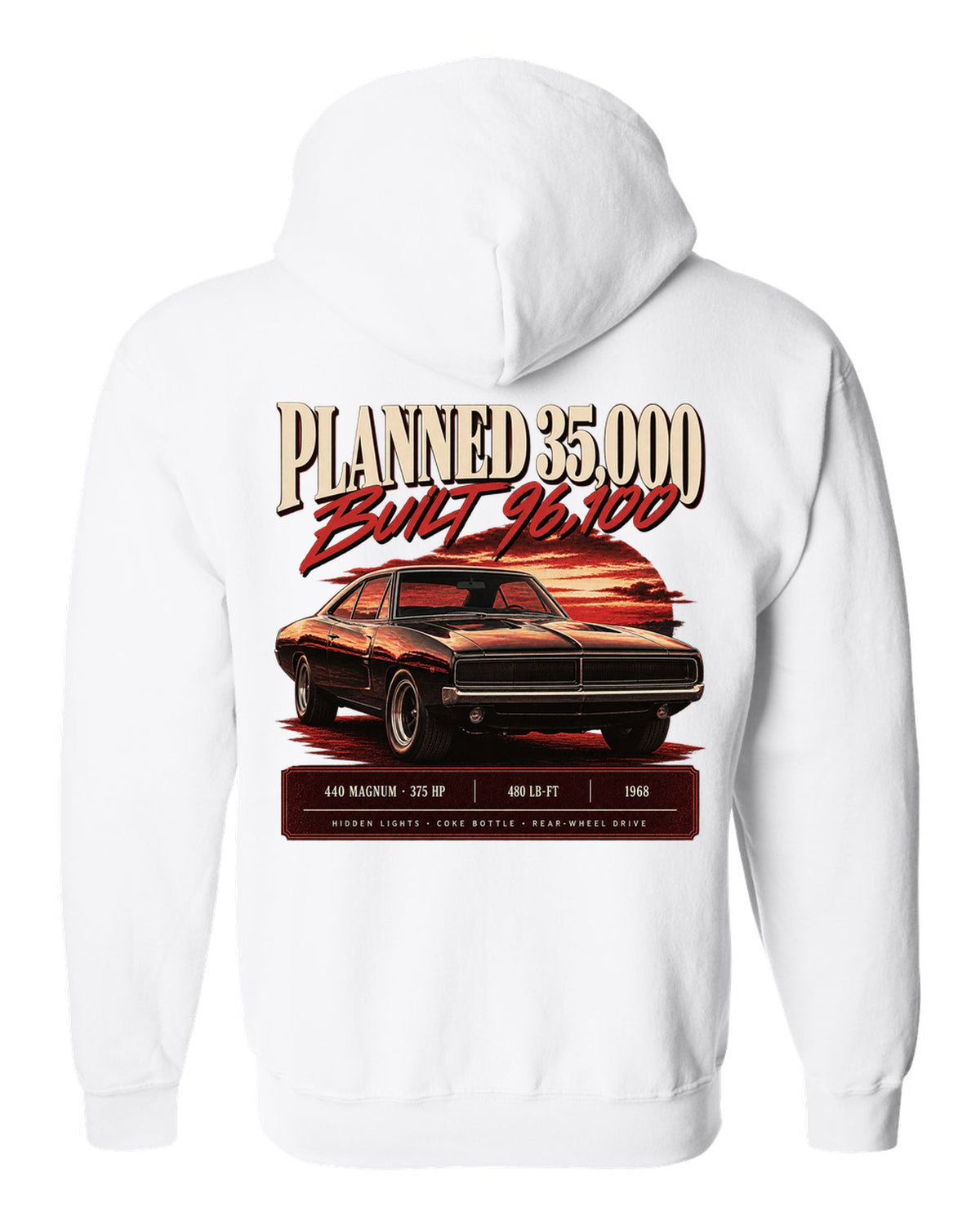 Archive panel print of a 1968 Dodge Charger R/T with 440 Magnum, 375 HP and production figures white zip hoodie back view with the design