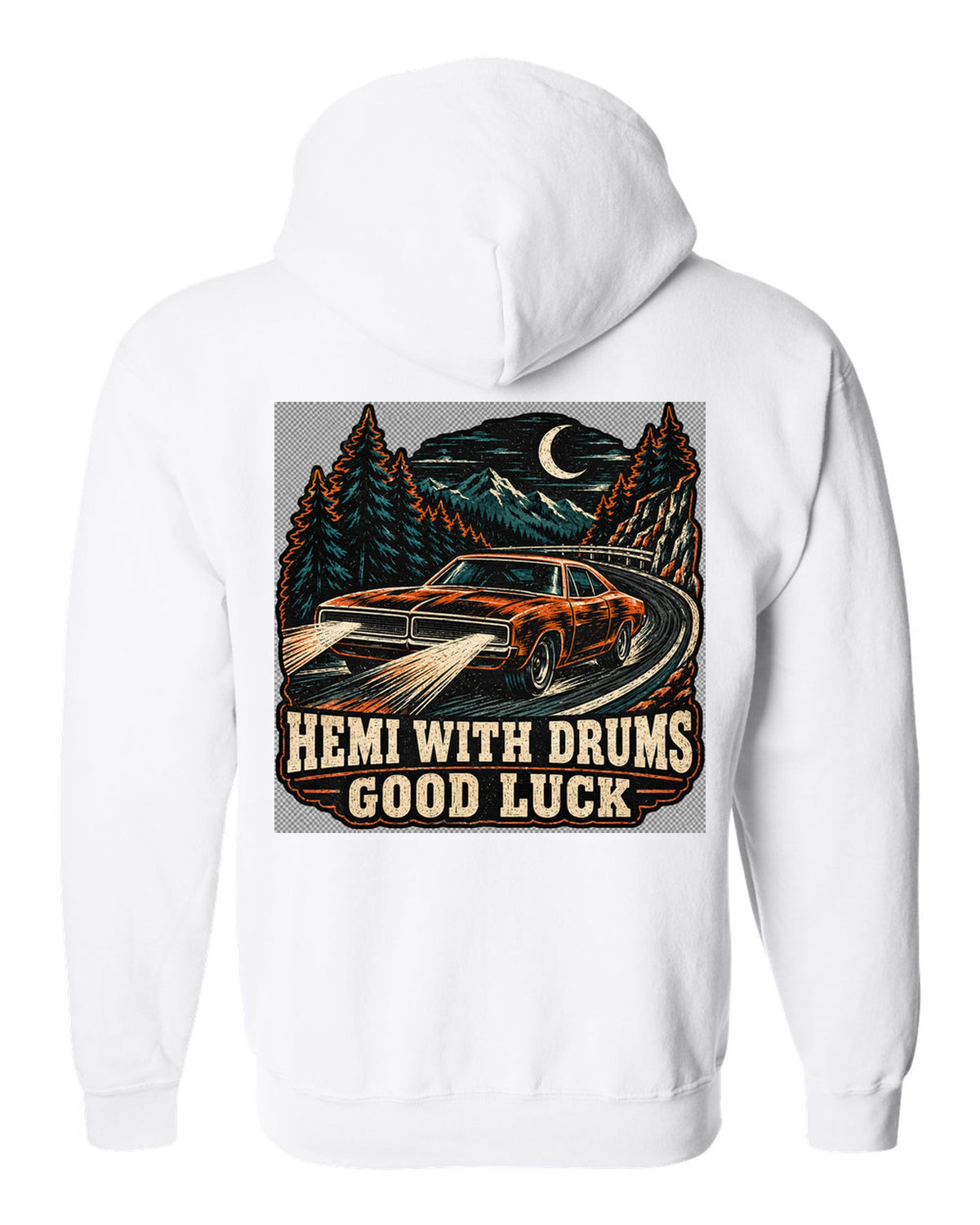 1968 Dodge Charger R/T multi-ink woodcut linocut print with Hemi With Drums Good Luck text white zip hoodie back view with the design