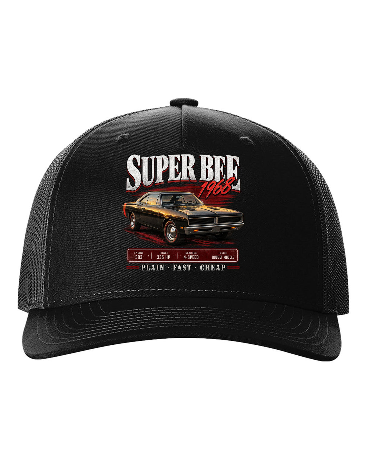 1968 Dodge Coronet Super Bee B-body coupe archive panel print black hat front view with the design