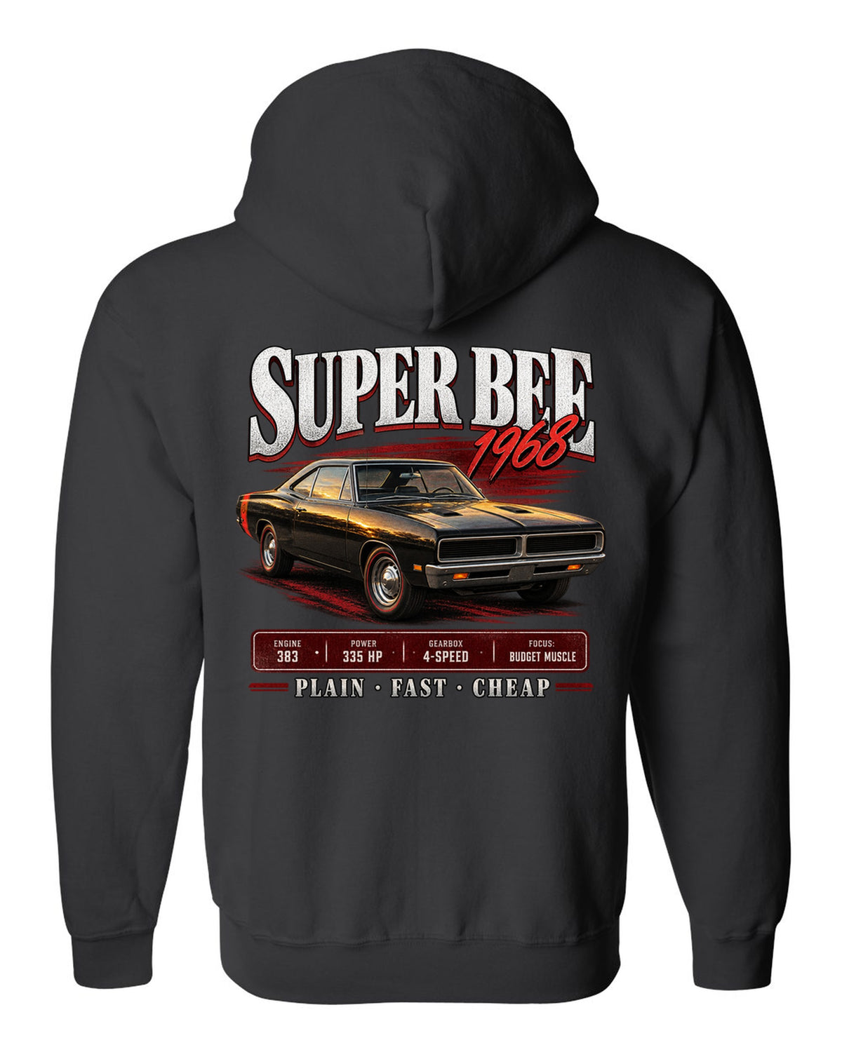 1968 Dodge Coronet Super Bee B-body coupe archive panel print black zip hoodie back view with the design