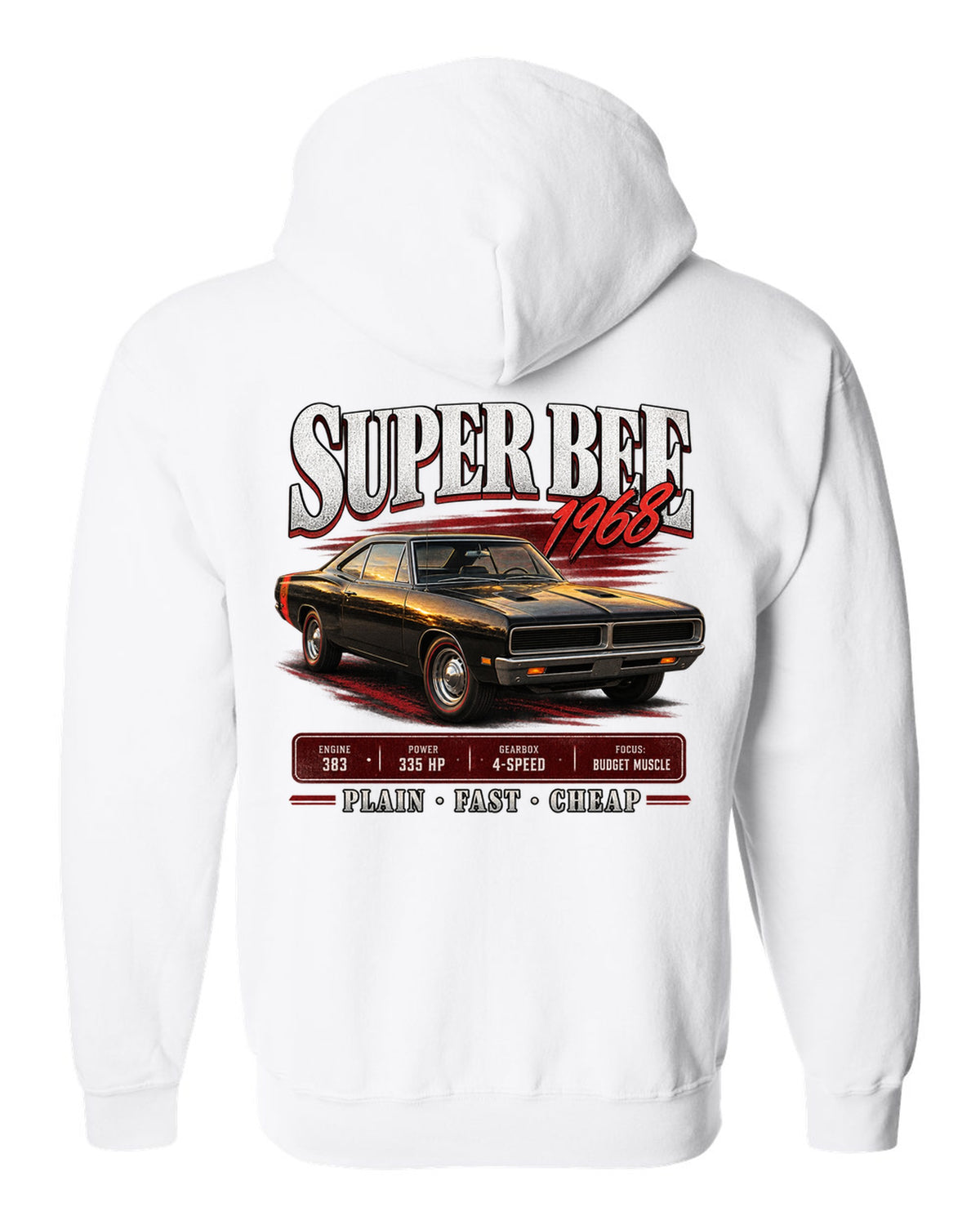 1968 Dodge Coronet Super Bee B-body coupe archive panel print white zip hoodie back view with the design