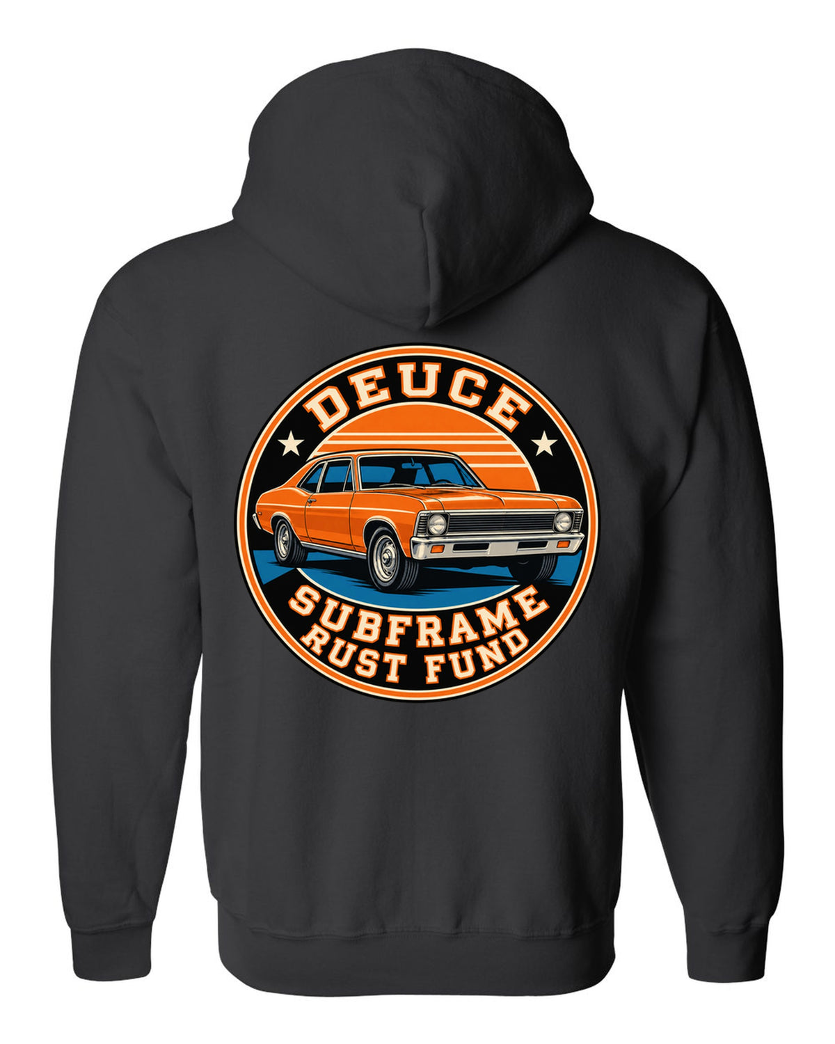 1968 Nova X-body in a round varsity crest with text Deuce Subframe Rust Fund black zip hoodie back view with the design