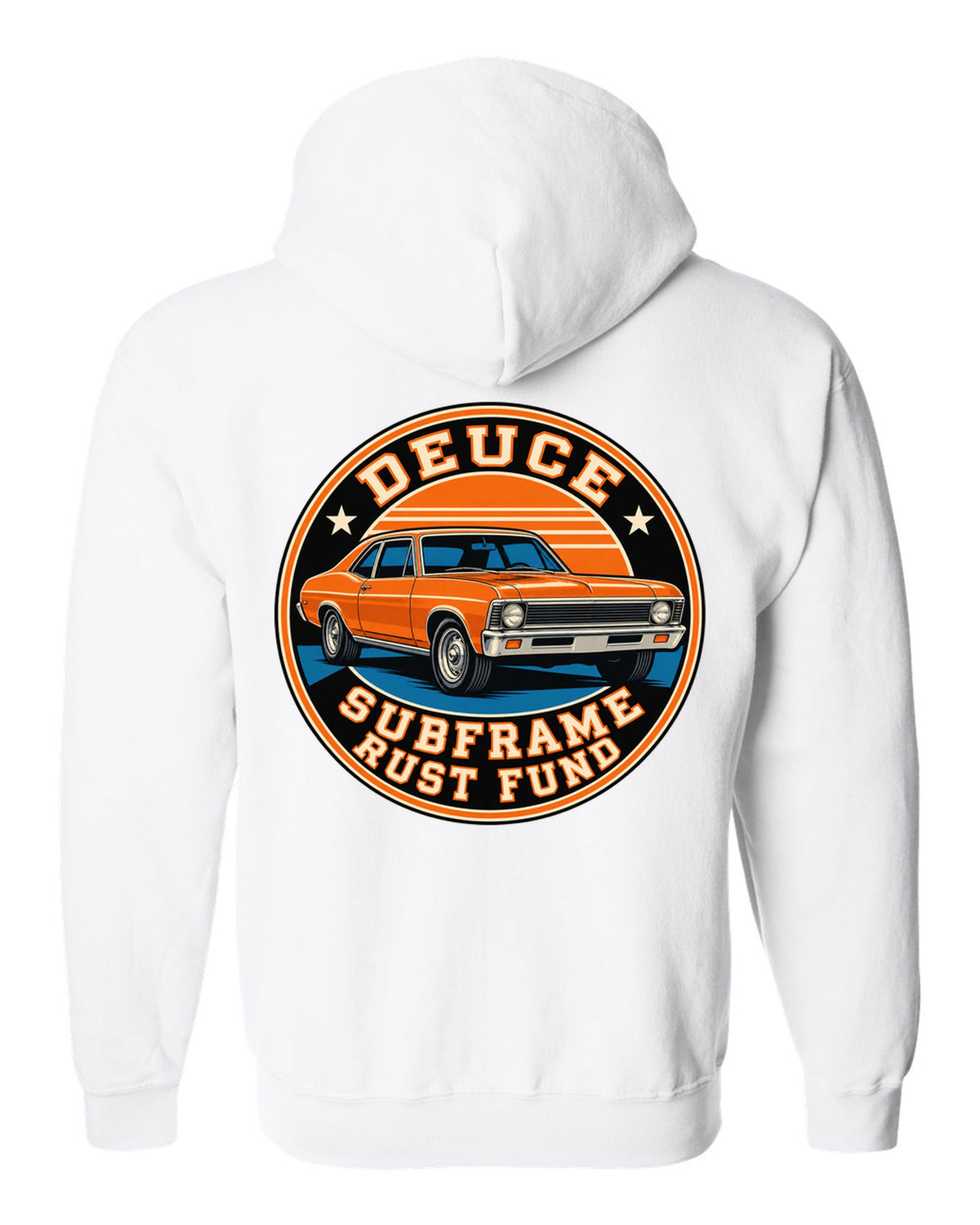 1968 Nova X-body in a round varsity crest with text Deuce Subframe Rust Fund white zip hoodie back view with the design
