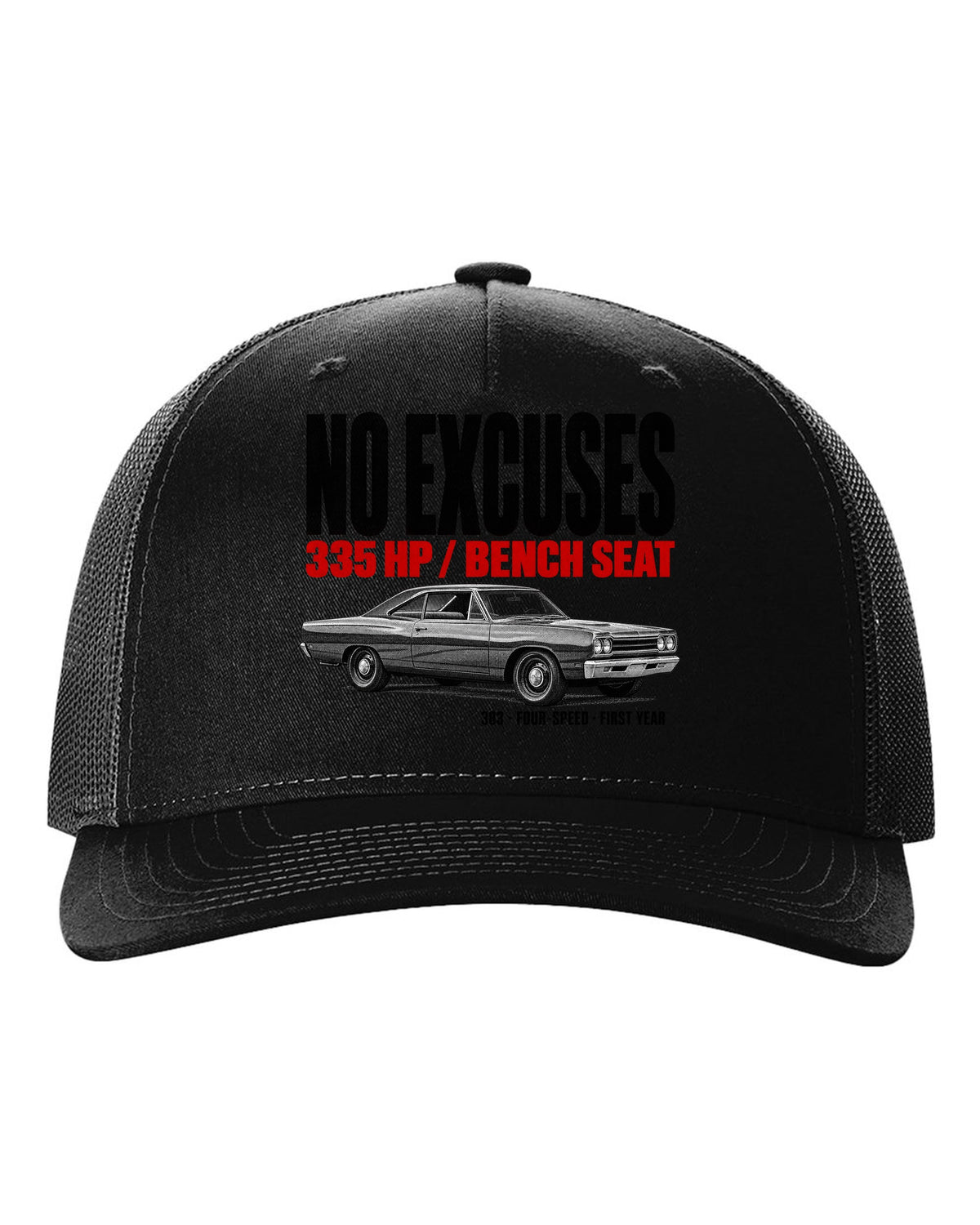 1968 Plymouth Road Runner B-body coupe profile halftone print with No Excuses lettering black hat front view with the design