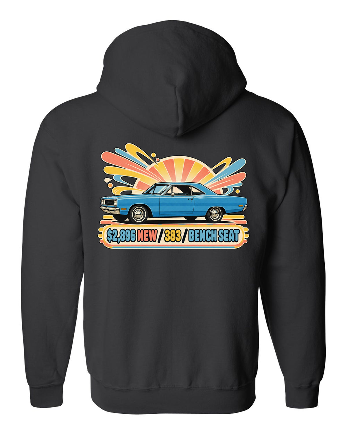 Retro Japanese showa catalogue ad of a 1968 Plymouth Road Runner with price 383 and bench seat text black zip hoodie back view with the design
