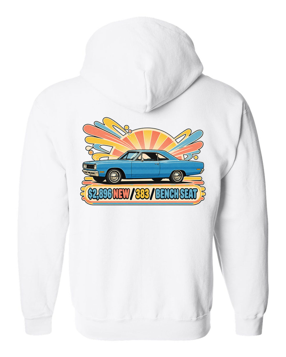 Retro Japanese showa catalogue ad of a 1968 Plymouth Road Runner with price 383 and bench seat text white zip hoodie back view with the design