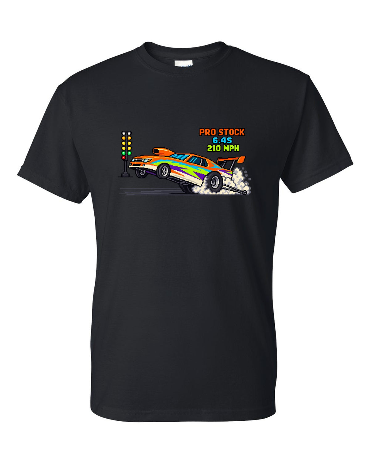 8-bit pixel art Pro Stock drag car launching with 6.4S 210 MPH lettering black t-shirt front view with the design