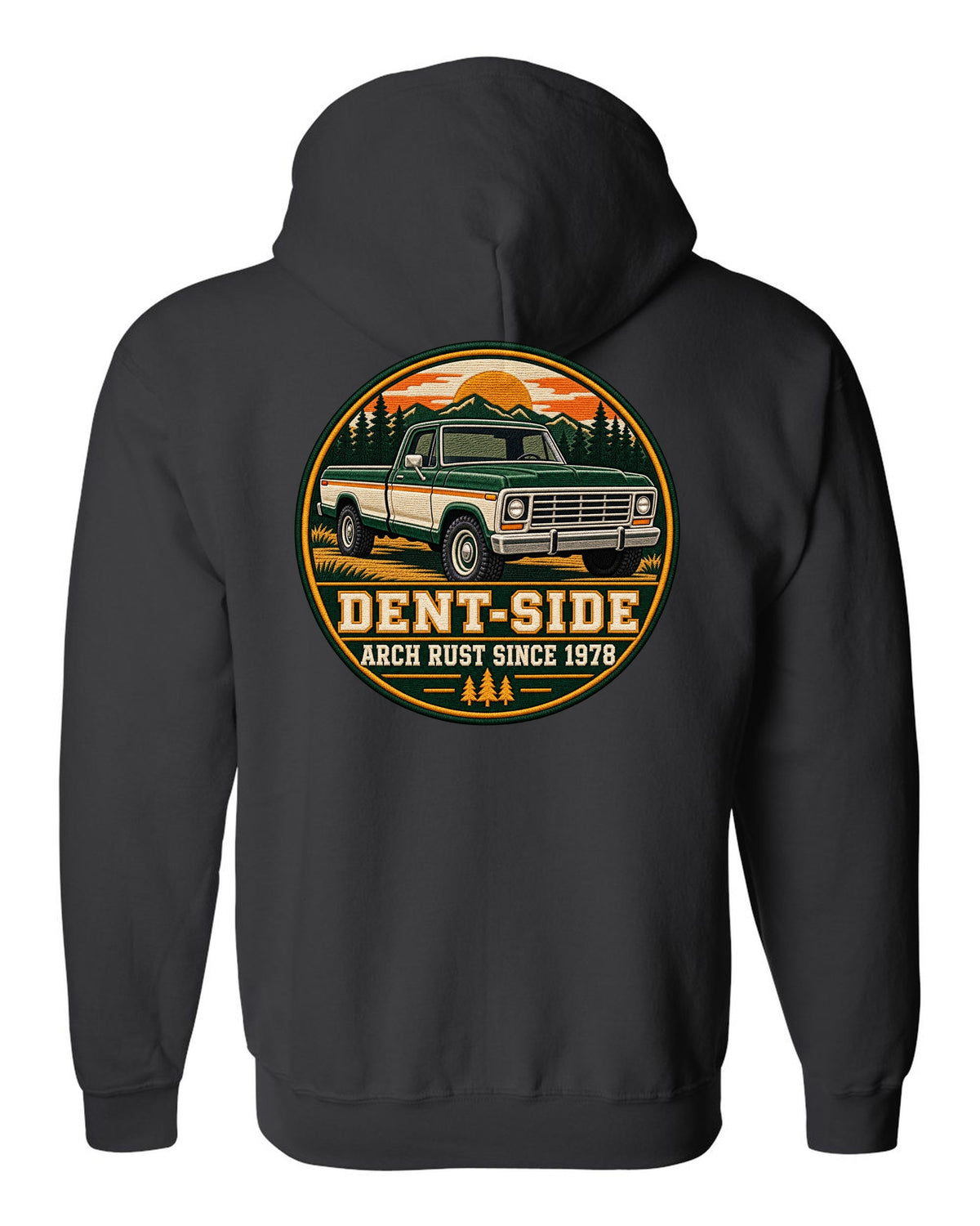 Dent-Side Ford F-150 1973-79 Varsity Crest Graphic Tee black zip hoodie back view with the design
