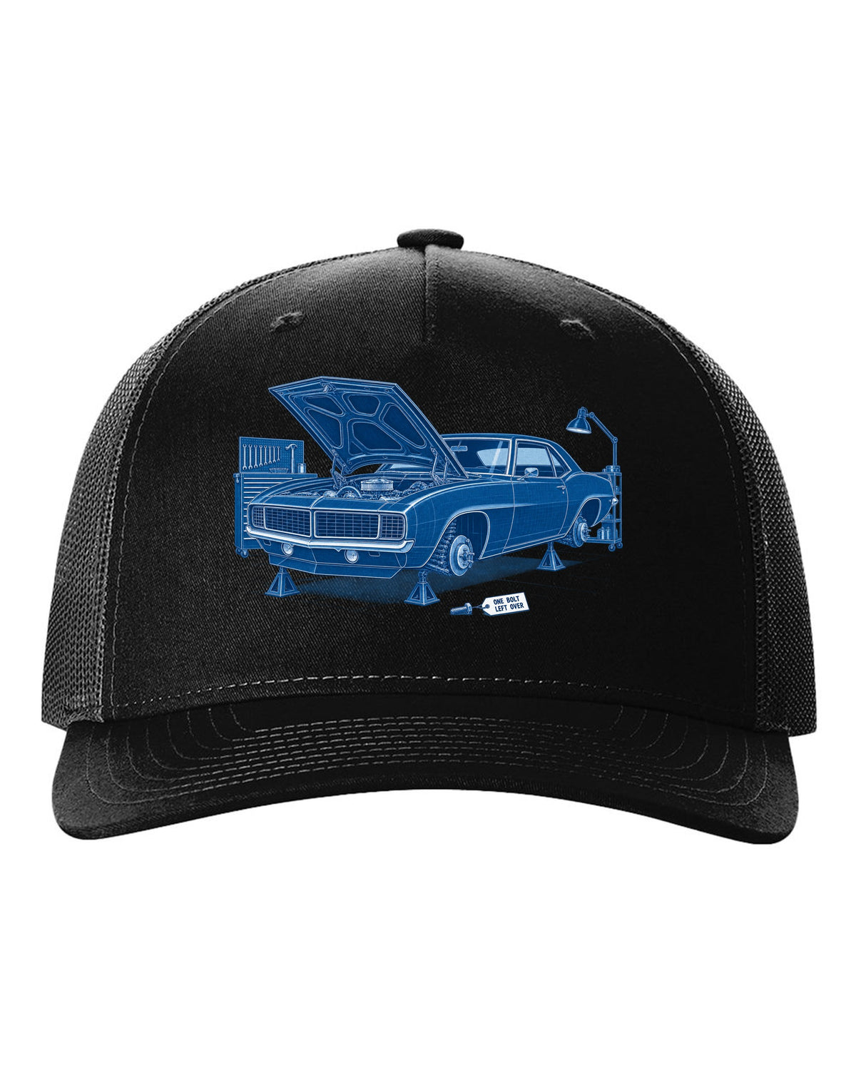 1969 Camaro first-generation in cyanotype negative blueprint style with the text One Bolt Left Over black hat front view with the design