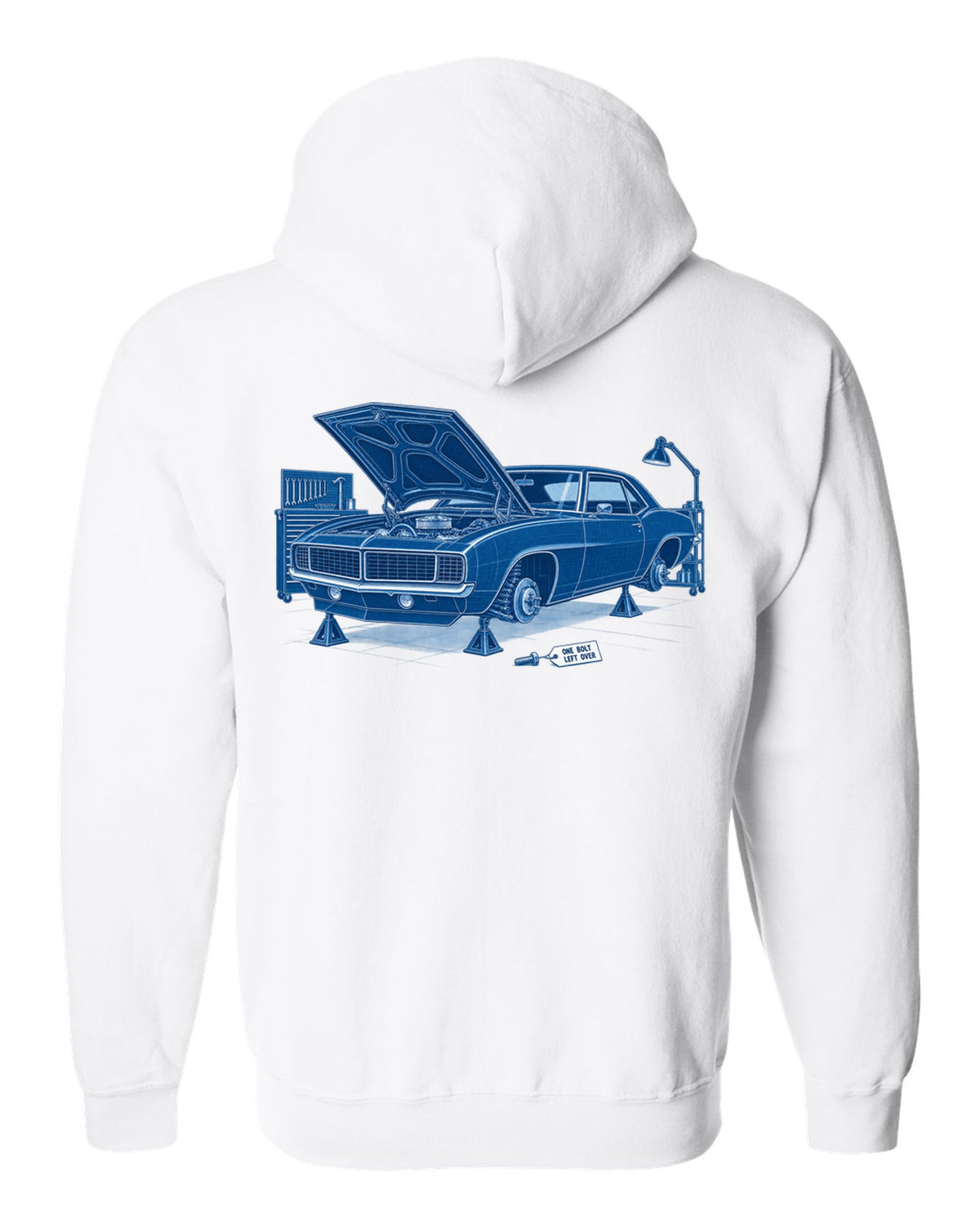 1969 Camaro first-generation in cyanotype negative blueprint style with the text One Bolt Left Over white zip hoodie back view with the design