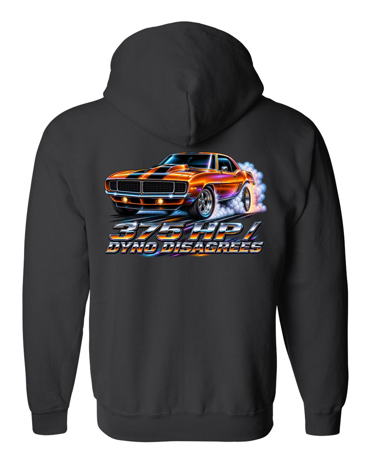 1969 Camaro SS 396 doing a burnout in 80s airbrush chrome style with text 375 HP Dyno Disagrees black zip hoodie back view with the design