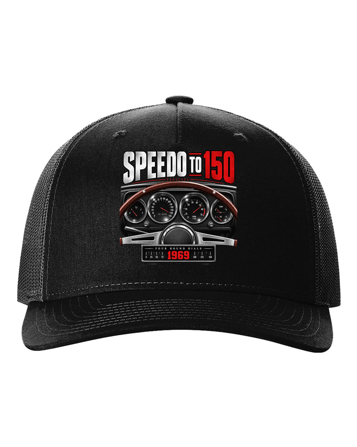 Cockpit gauge print of a 1969 Dodge Charger R/T with four round dials and a 150 speedometer black hat front view with the design