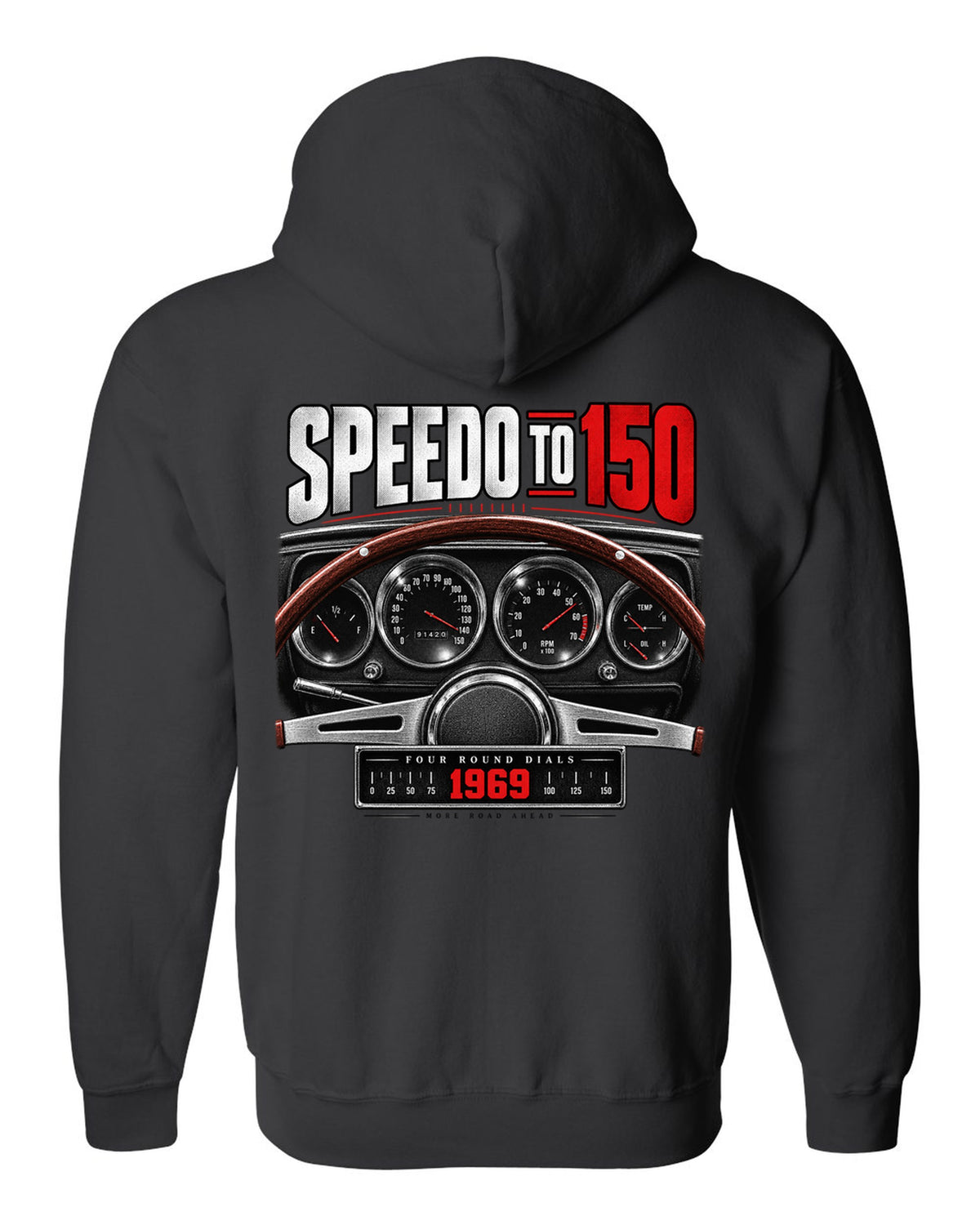 Cockpit gauge print of a 1969 Dodge Charger R/T with four round dials and a 150 speedometer black zip hoodie back view with the design