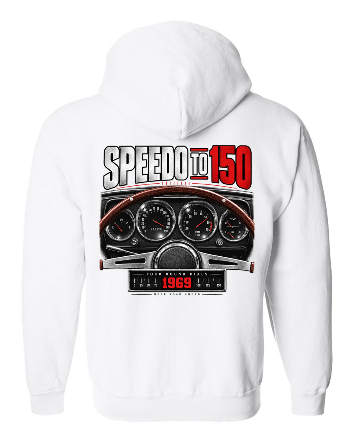 Cockpit gauge print of a 1969 Dodge Charger R/T with four round dials and a 150 speedometer white zip hoodie back view with the design