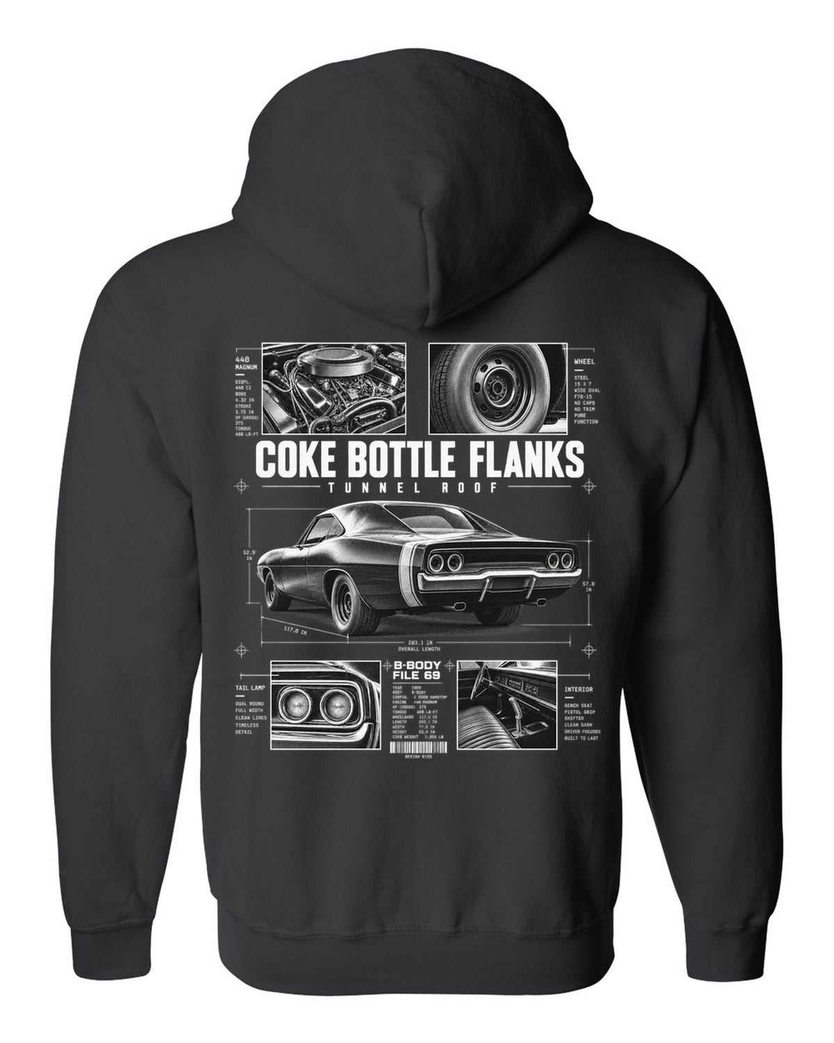Dossier panel print of a 1969 Dodge Charger R/T with coke bottle flanks and tunnel roof notes black zip hoodie back view with the design