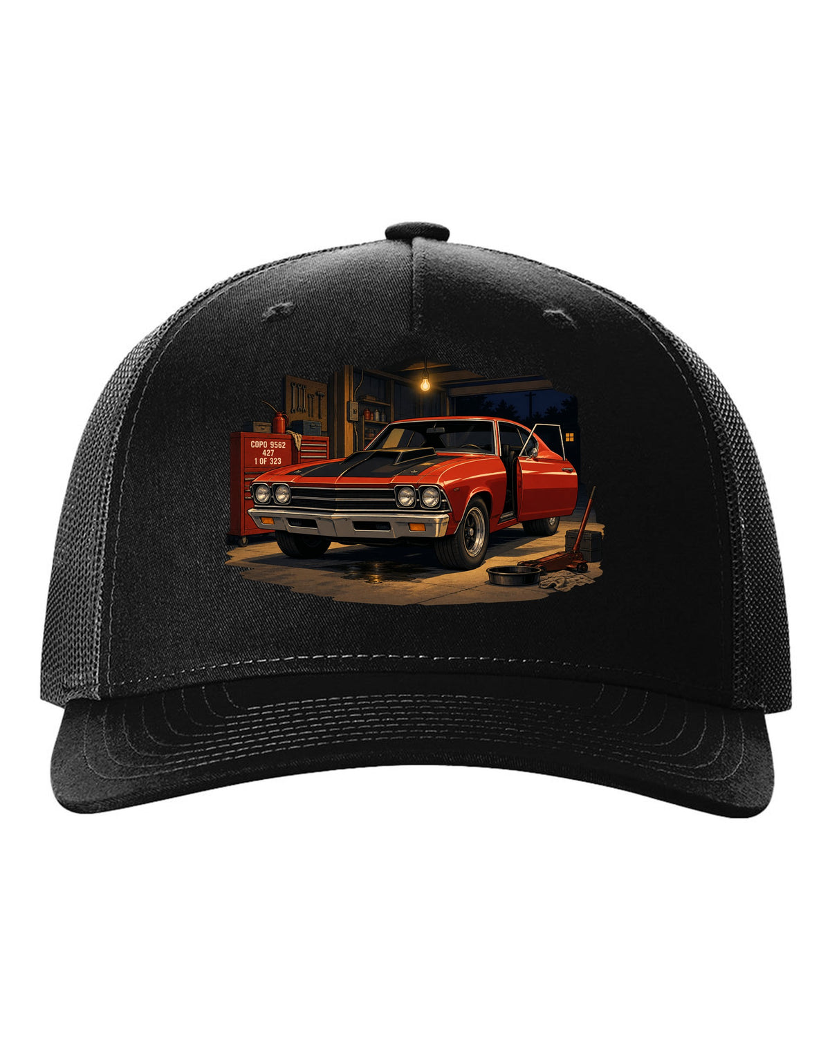 Cel-shaded anime print of a 1969 Chevelle COPO in a night garage with the text COPO 9562, 427, 1 of 323 black hat front view with the design