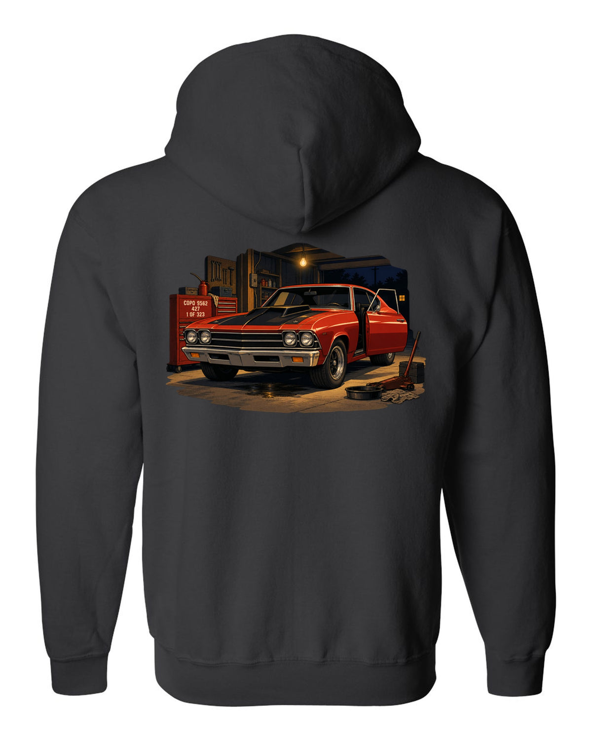 Cel-shaded anime print of a 1969 Chevelle COPO in a night garage with the text COPO 9562, 427, 1 of 323 black zip hoodie back view with the design