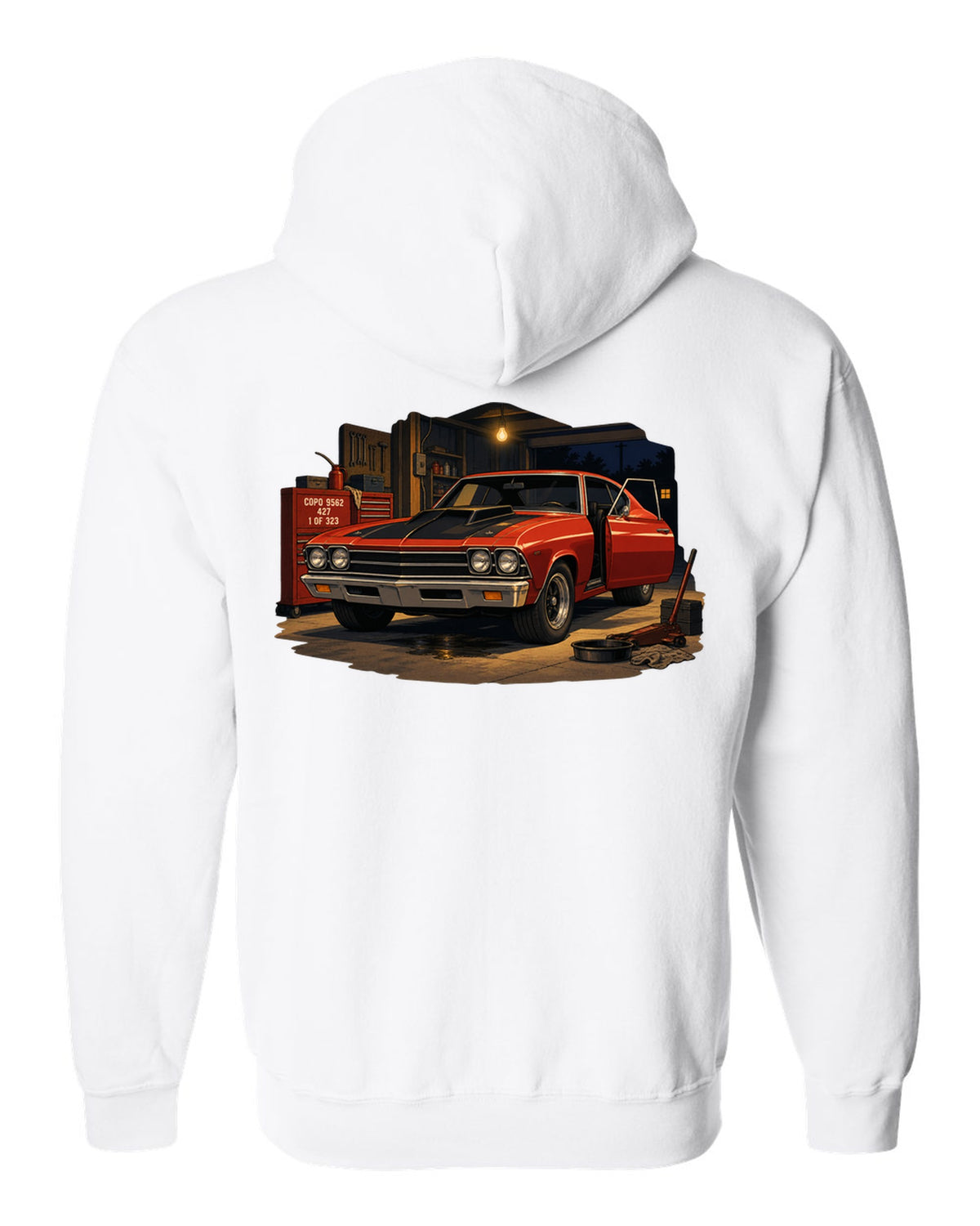 Cel-shaded anime print of a 1969 Chevelle COPO in a night garage with the text COPO 9562, 427, 1 of 323 white zip hoodie back view with the design