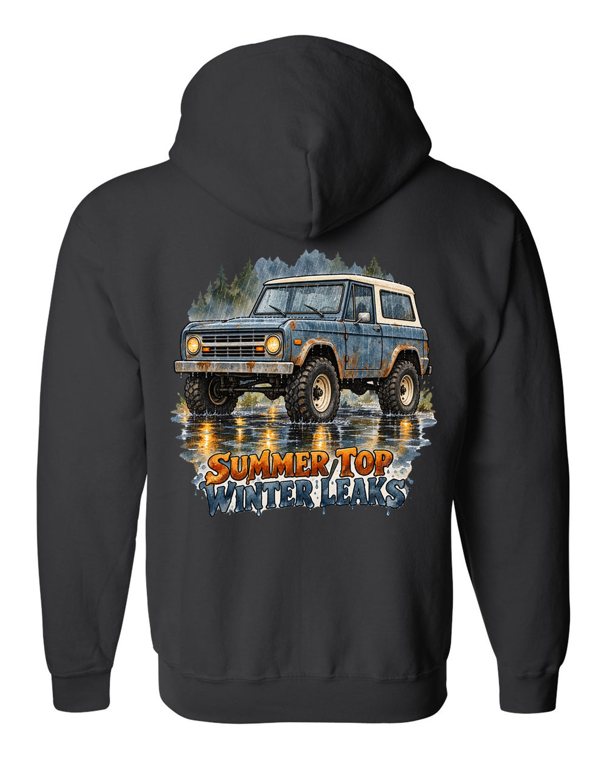 Watercolour wash print of a 1969 first-generation Chevrolet K5 Blazer with summer top winter leaks text black zip hoodie back view with the design