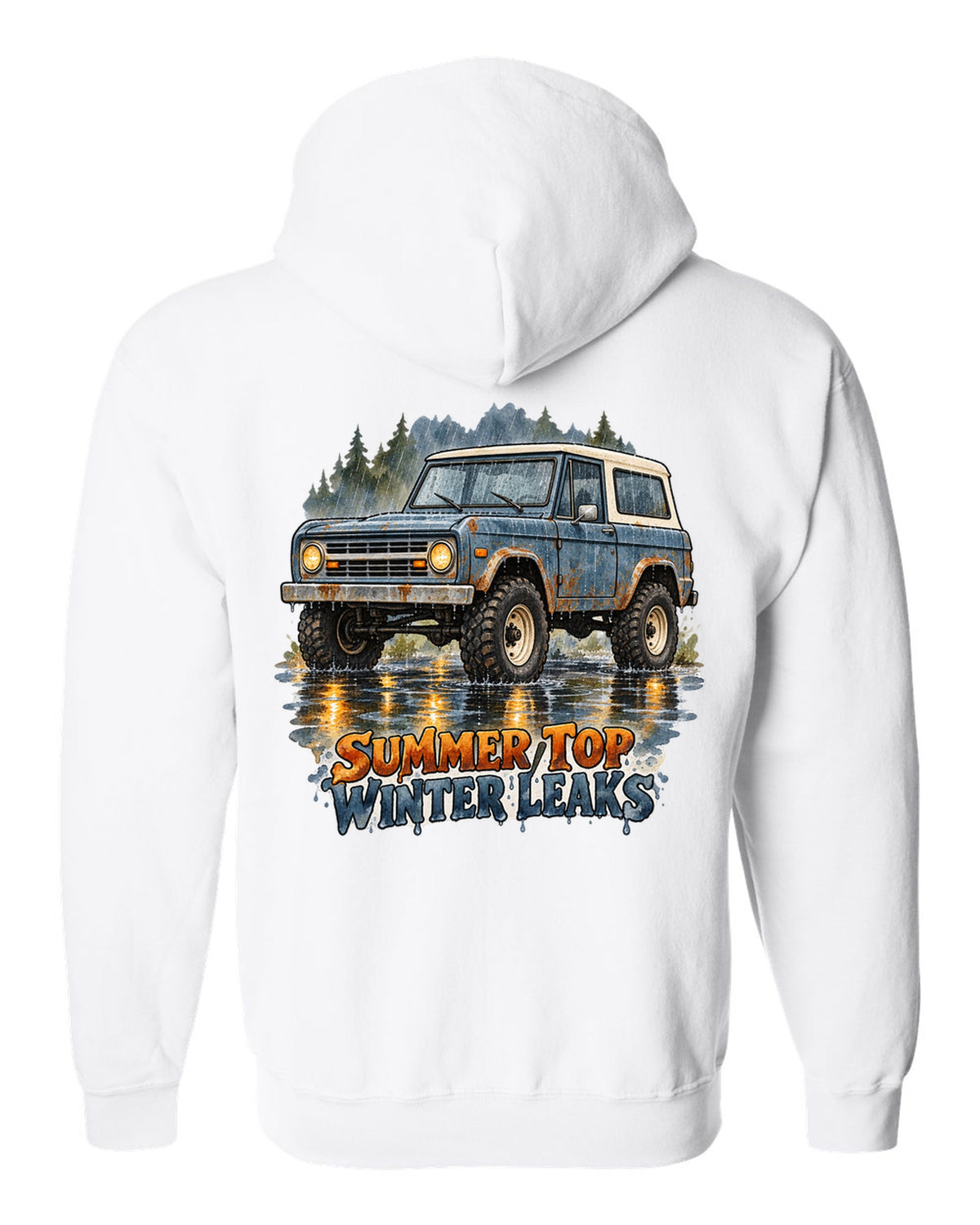 Watercolour wash print of a 1969 first-generation Chevrolet K5 Blazer with summer top winter leaks text white zip hoodie back view with the design