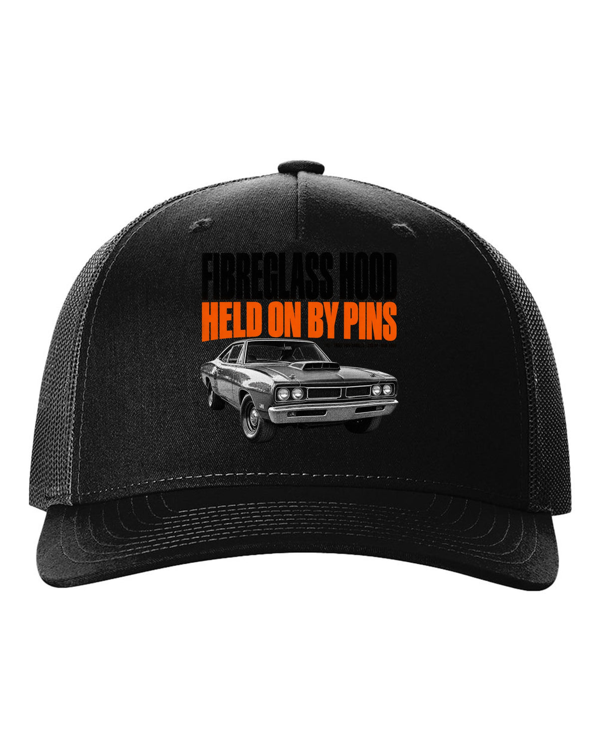 1969 Dodge Coronet Super Bee A12 hood halftone print with fibreglass hood and pins lettering black hat front view with the design