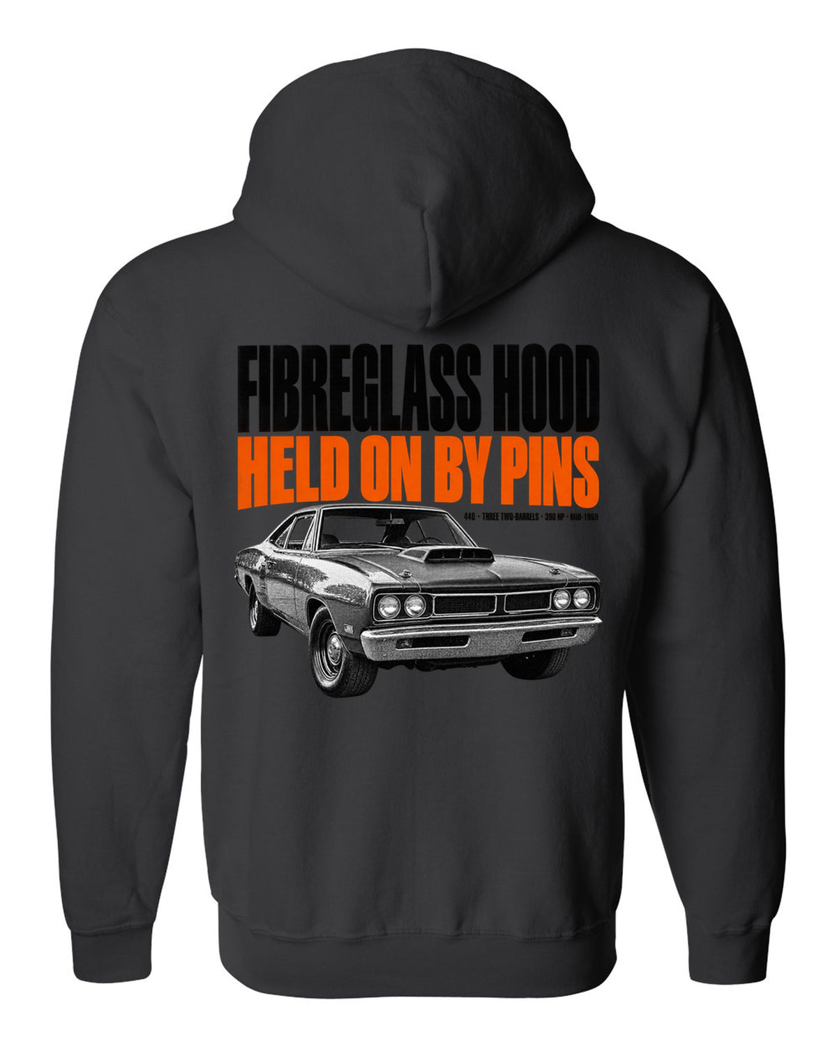 1969 Dodge Coronet Super Bee A12 hood halftone print with fibreglass hood and pins lettering black zip hoodie back view with the design