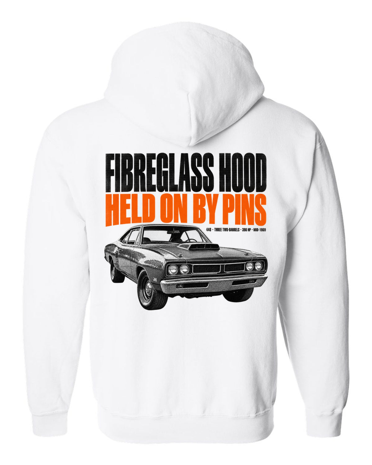 1969 Dodge Coronet Super Bee A12 hood halftone print with fibreglass hood and pins lettering white zip hoodie back view with the design