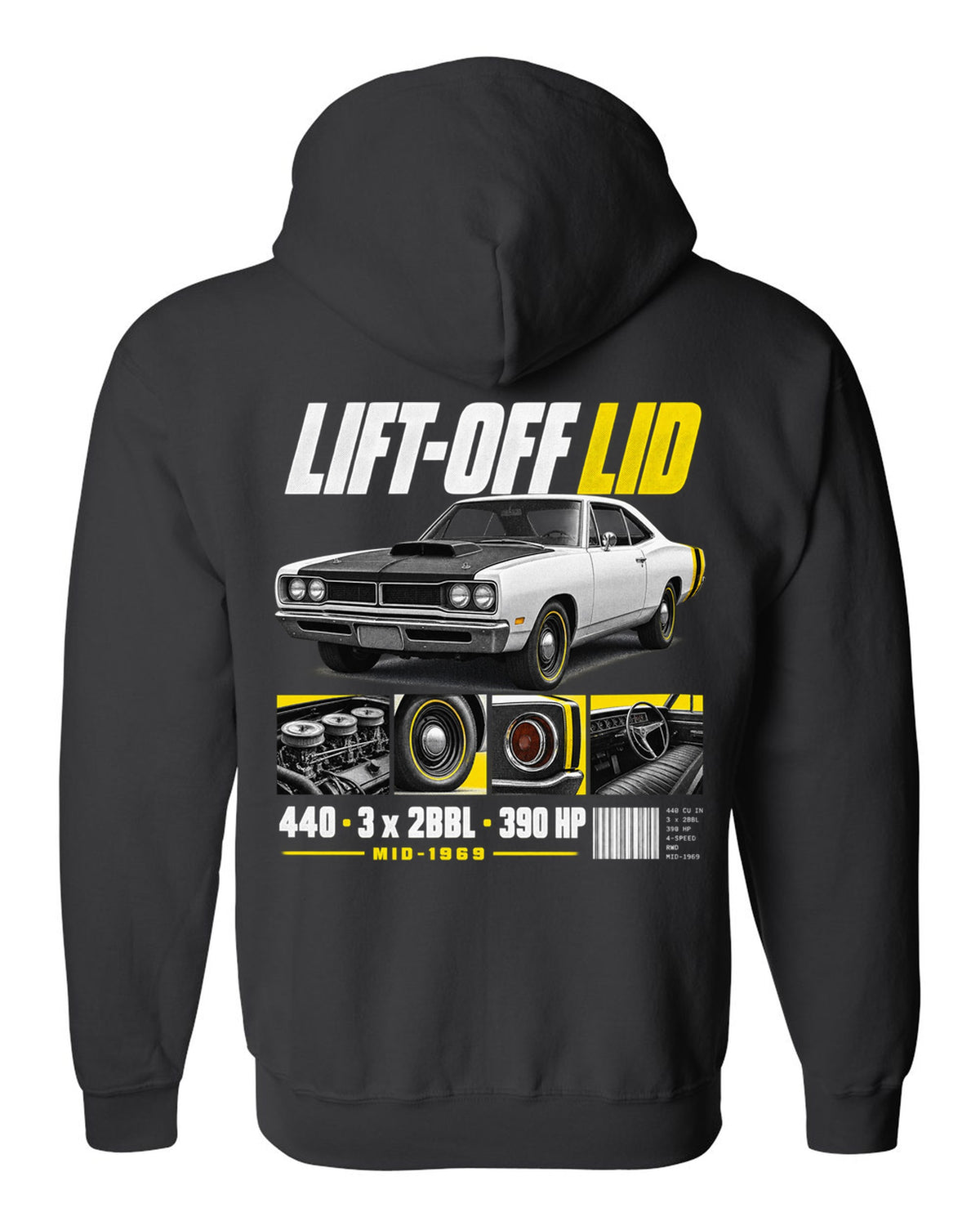 1969 Dodge Coronet Super Bee A12 dossier panel print with lift-off lid and 440 lettering black zip hoodie back view with the design