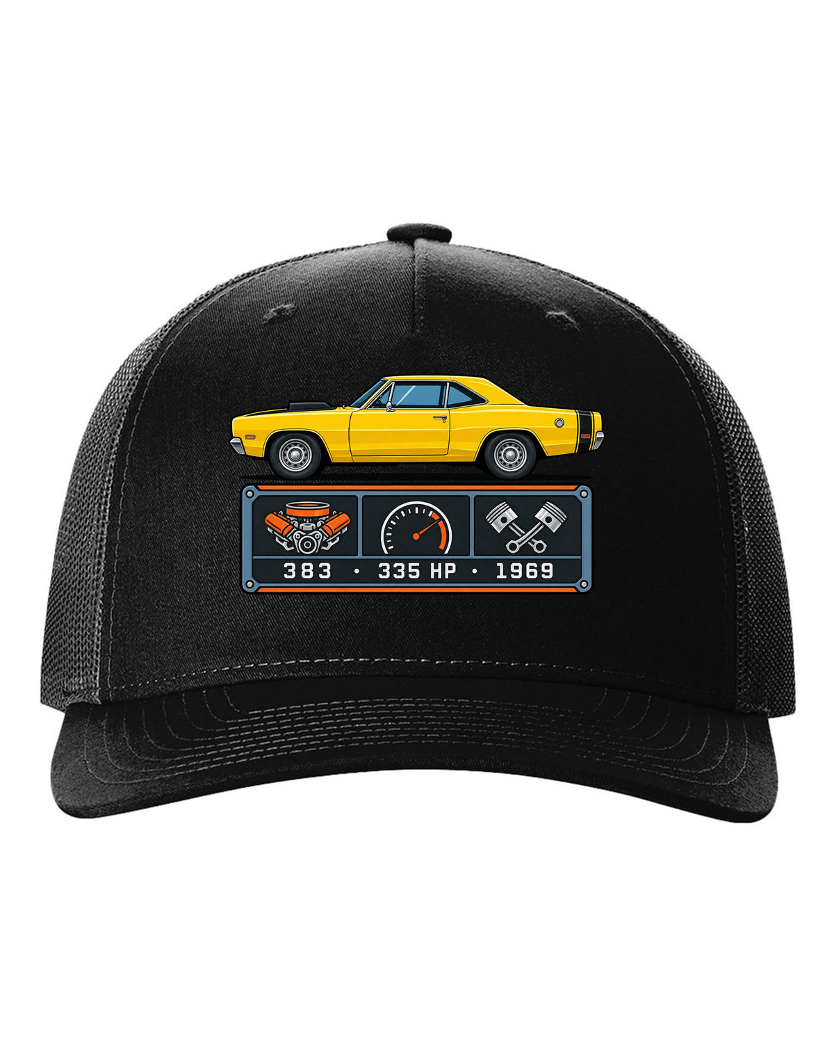 Spec-sheet data plate design for a 1969 Dodge Coronet Super Bee with 383 and 335 HP black hat front view with the design