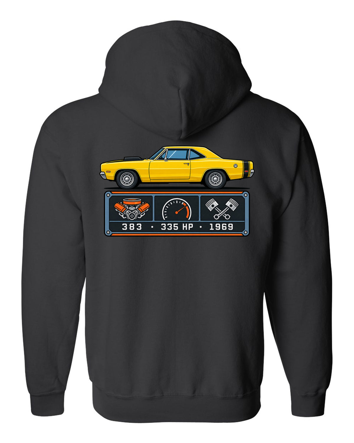 Spec-sheet data plate design for a 1969 Dodge Coronet Super Bee with 383 and 335 HP black zip hoodie back view with the design