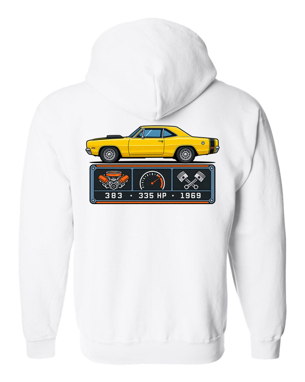 Spec-sheet data plate design for a 1969 Dodge Coronet Super Bee with 383 and 335 HP white zip hoodie back view with the design