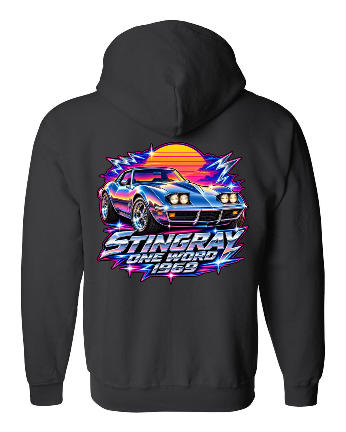 80s chrome airbrush print of a 1969 Chevrolet Corvette C3 Stingray with Stingray One Word 1969 text black zip hoodie back view with the design