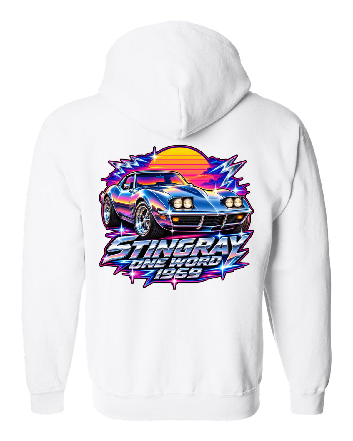 80s chrome airbrush print of a 1969 Chevrolet Corvette C3 Stingray with Stingray One Word 1969 text white zip hoodie back view with the design
