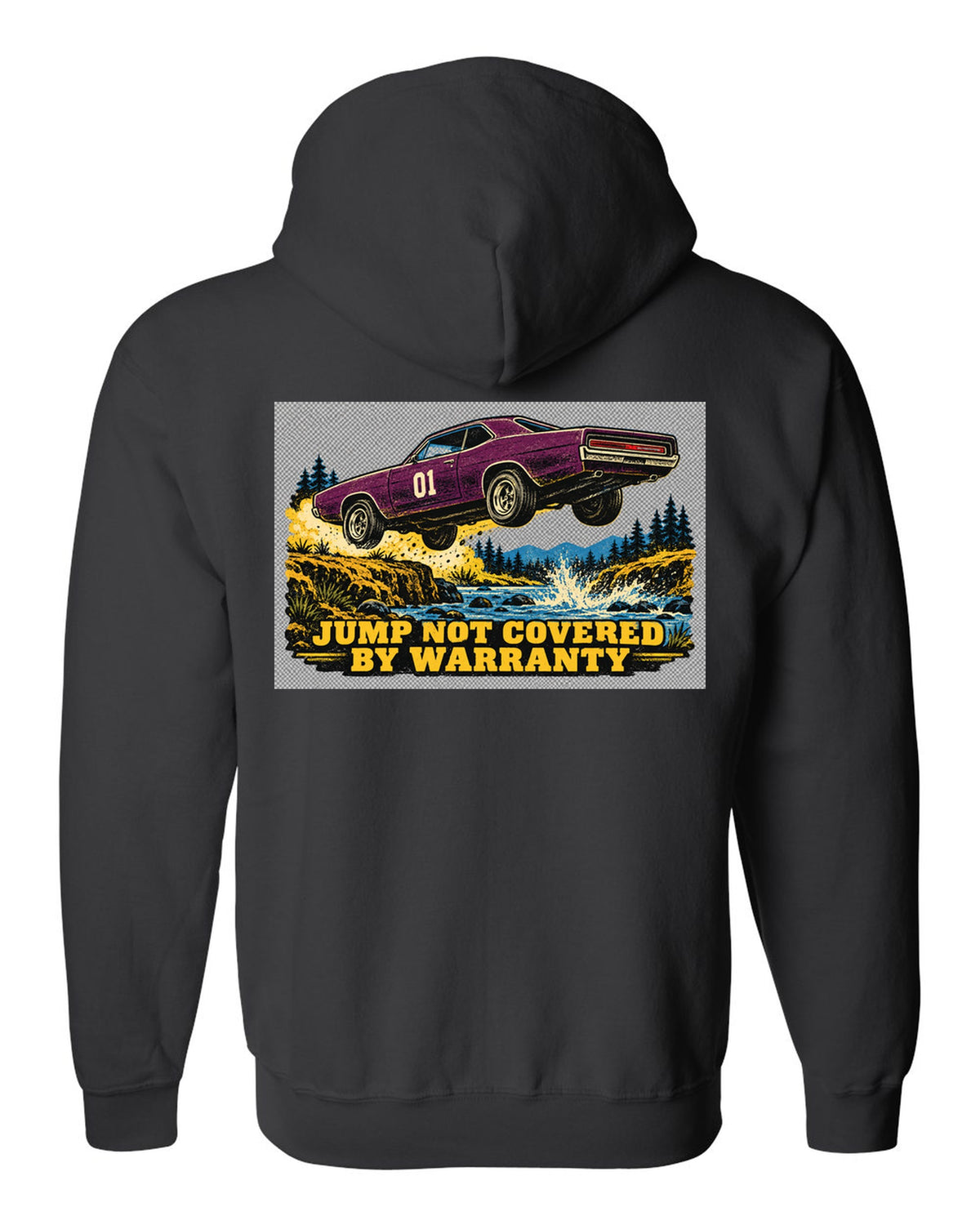 Vintage screen print of an orange 1969 Dodge Charger B-body mid-jump with number 01 on the doors black zip hoodie back view with the design