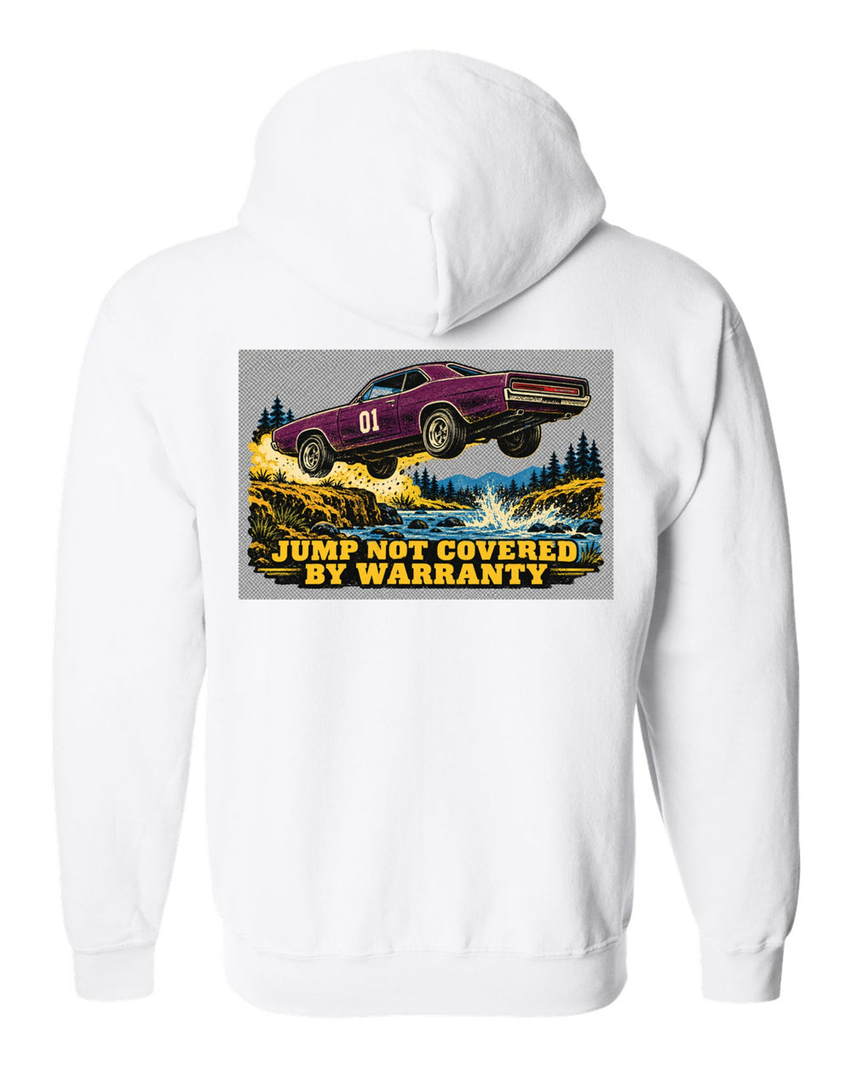 Vintage screen print of an orange 1969 Dodge Charger B-body mid-jump with number 01 on the doors white zip hoodie back view with the design